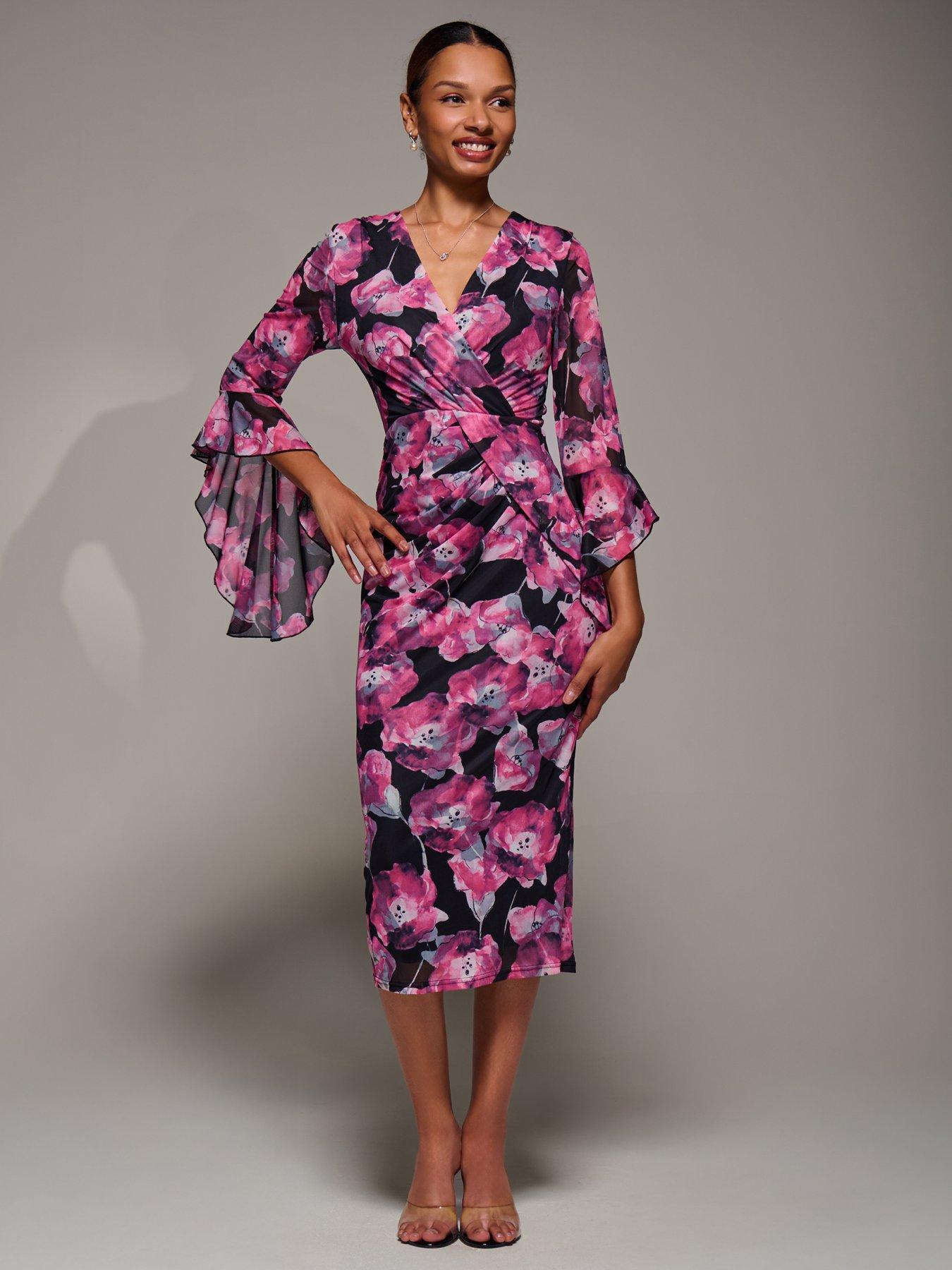 Image 5 of 7 of Jolie Moi Ruffle Sleeve Ruched Mesh Bodycon Dress - Pink