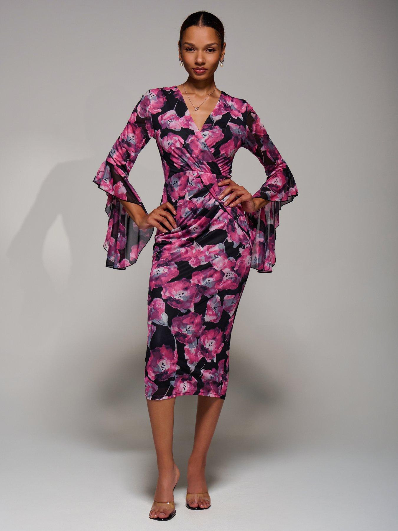 Image 6 of 7 of Jolie Moi Ruffle Sleeve Ruched Mesh Bodycon Dress - Pink