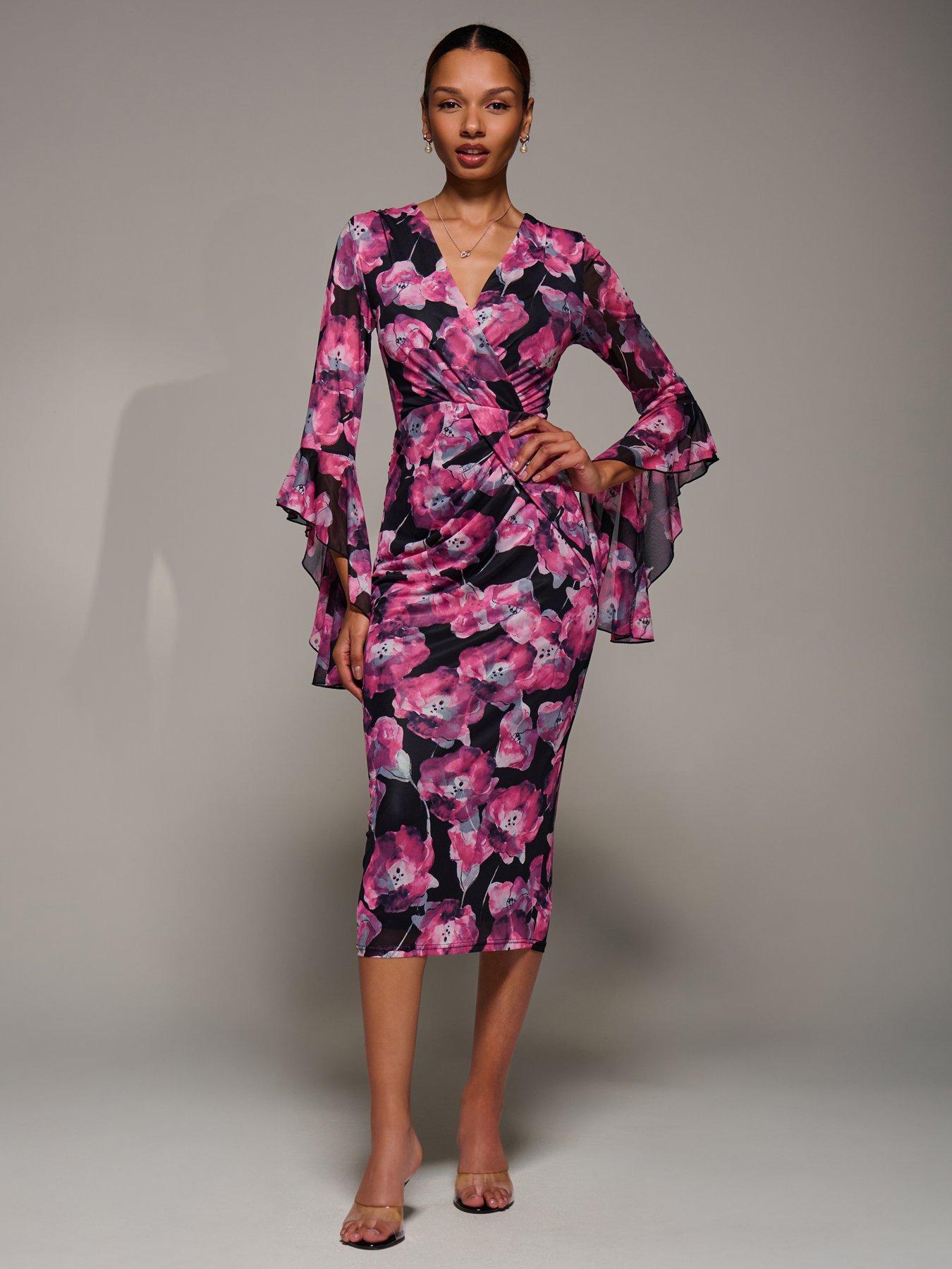Image 7 of 7 of Jolie Moi Ruffle Sleeve Ruched Mesh Bodycon Dress - Pink