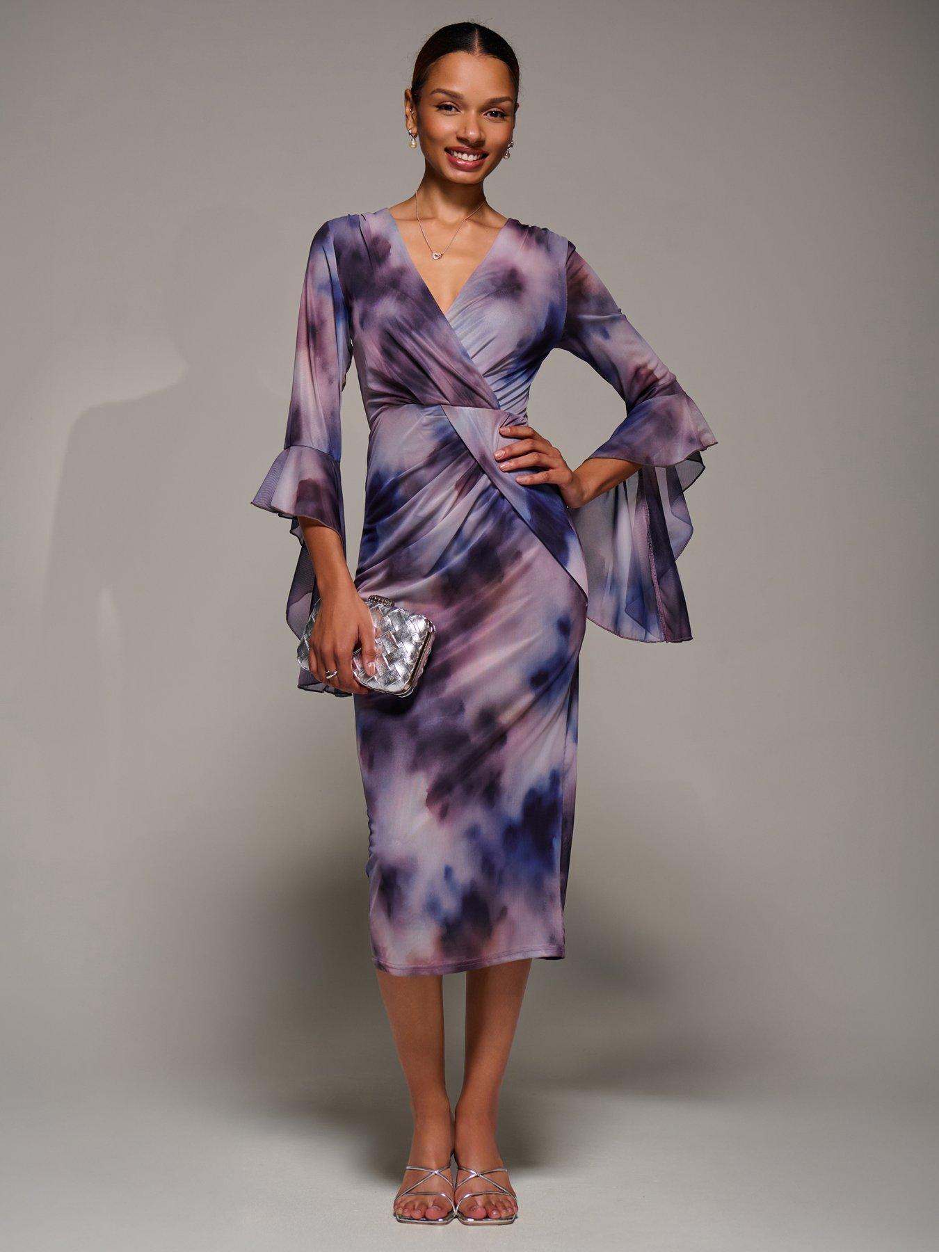 Image 1 of 7 of Jolie Moi Ruffle Sleeve Ruched Mesh Bodycon Dress - Purple