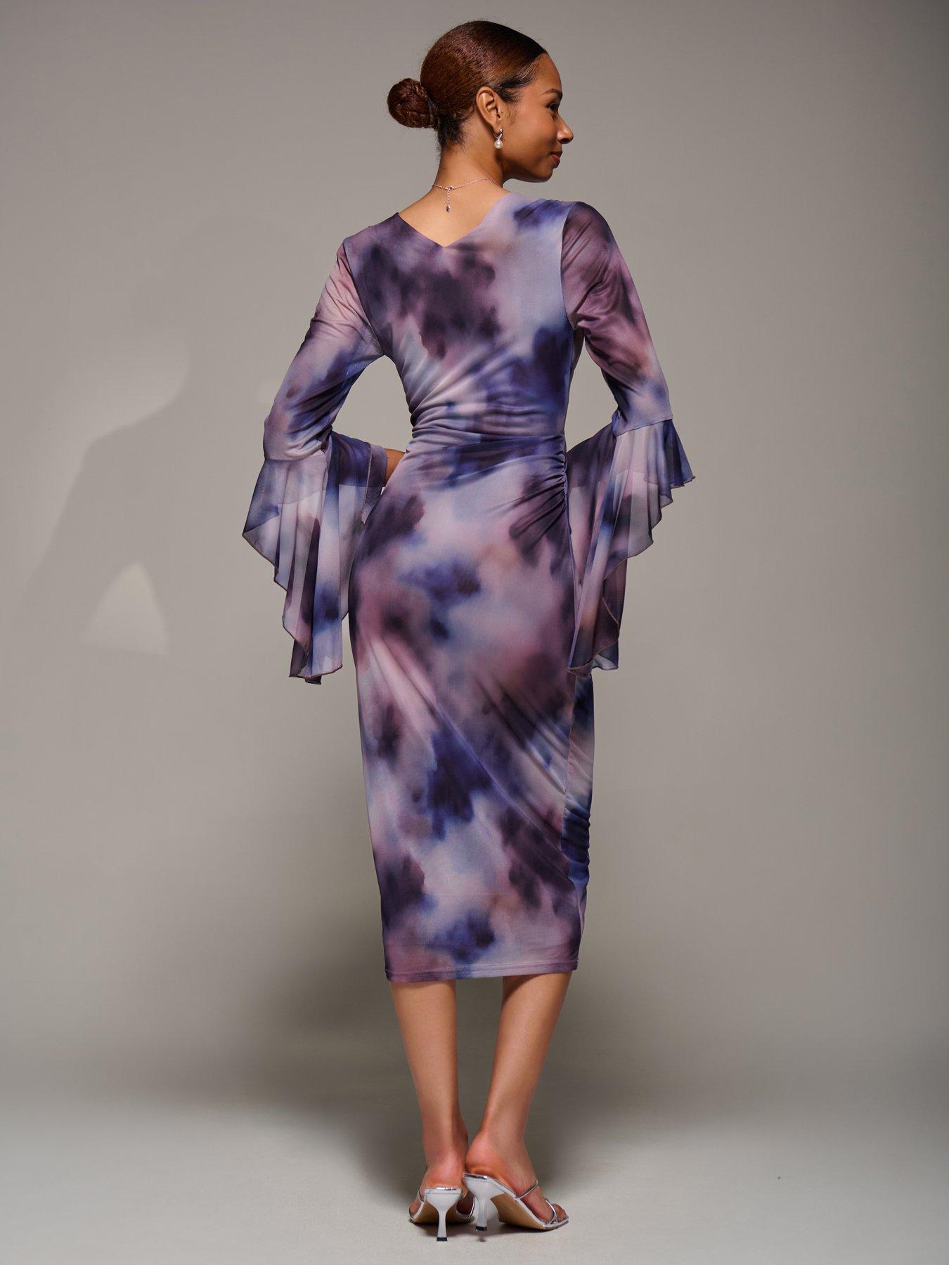 Image 2 of 7 of Jolie Moi Ruffle Sleeve Ruched Mesh Bodycon Dress - Purple
