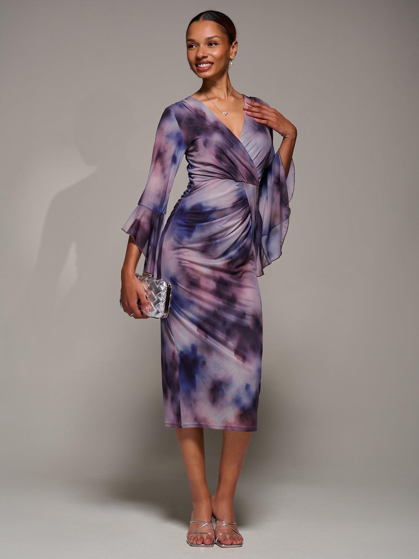 Image 3 of 7 of Jolie Moi Ruffle Sleeve Ruched Mesh Bodycon Dress - Purple