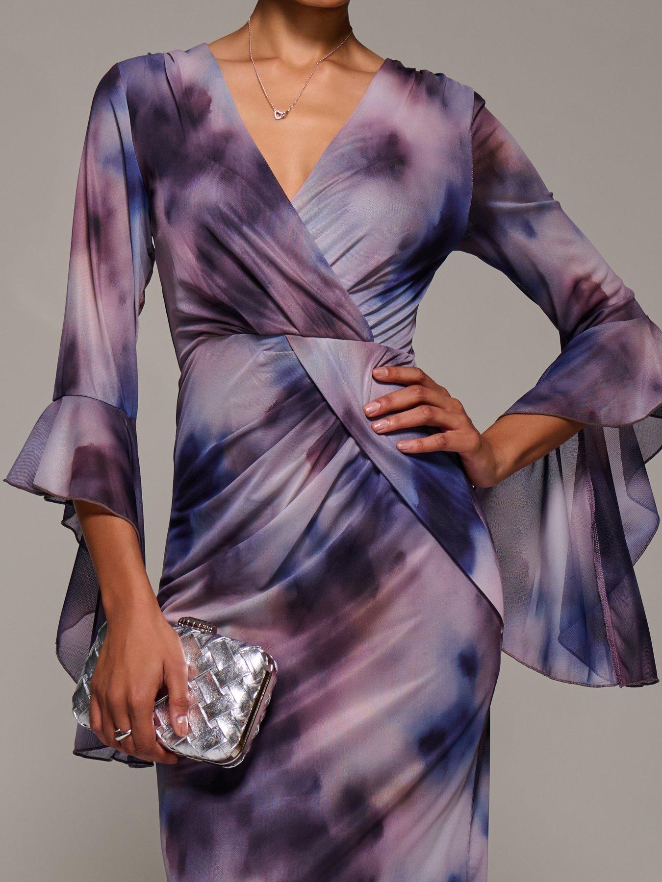 Image 4 of 7 of Jolie Moi Ruffle Sleeve Ruched Mesh Bodycon Dress - Purple