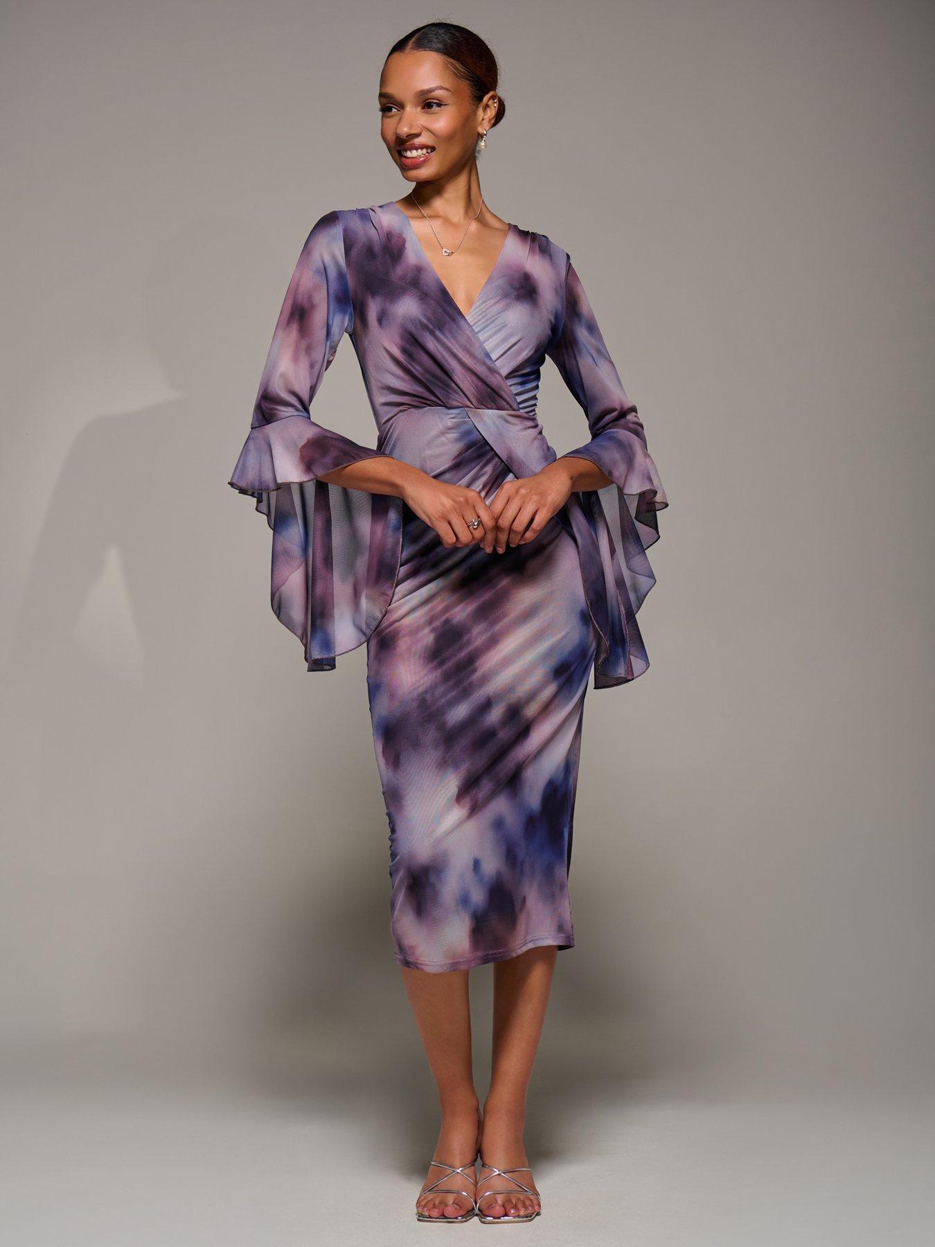 Image 5 of 7 of Jolie Moi Ruffle Sleeve Ruched Mesh Bodycon Dress - Purple