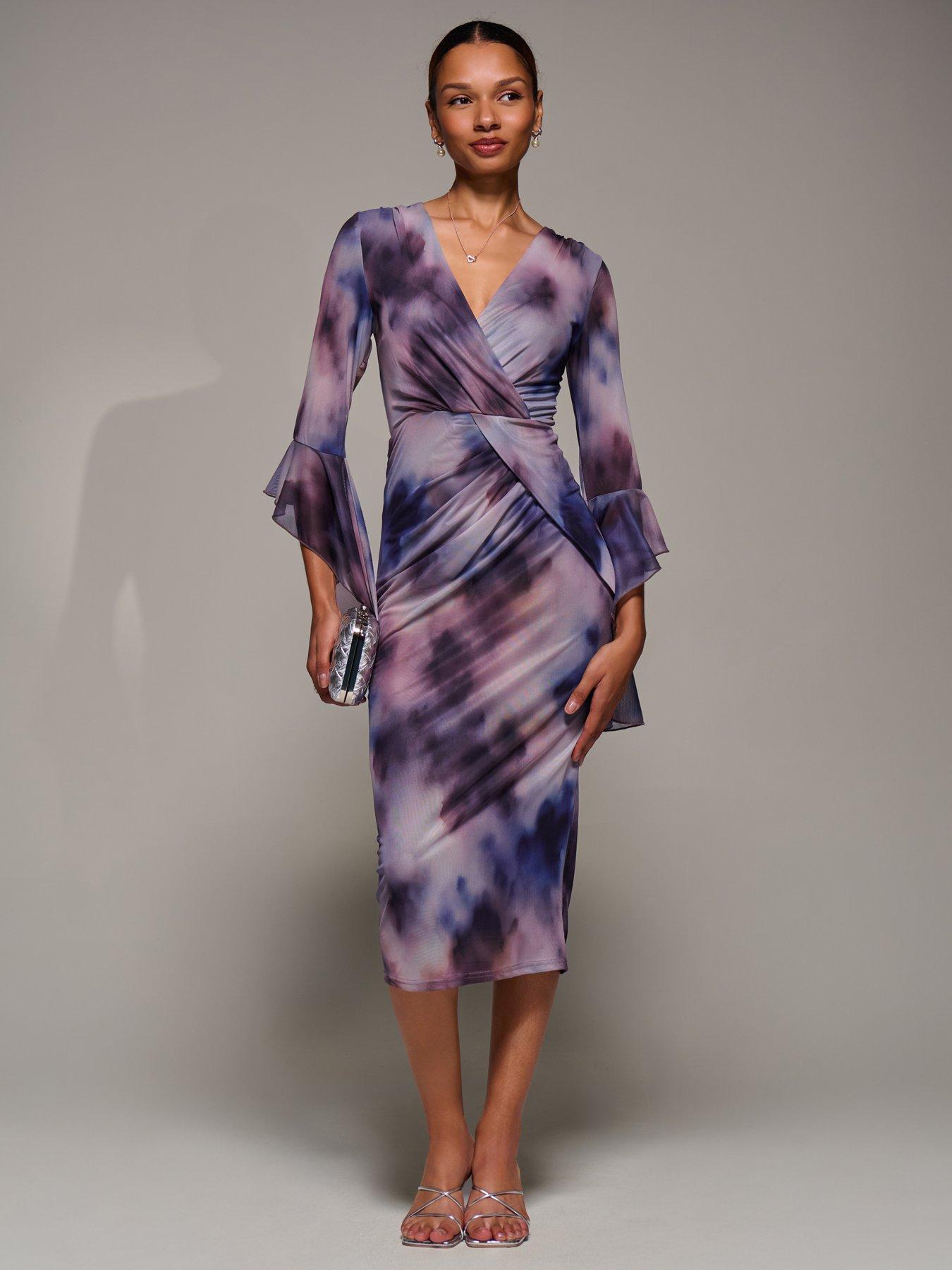 Image 6 of 7 of Jolie Moi Ruffle Sleeve Ruched Mesh Bodycon Dress - Purple