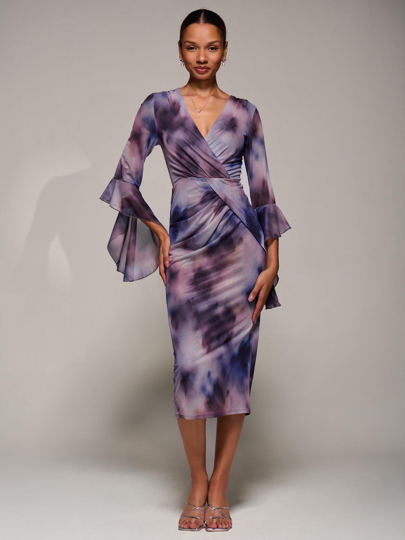 Image 7 of 7 of Jolie Moi Ruffle Sleeve Ruched Mesh Bodycon Dress - Purple
