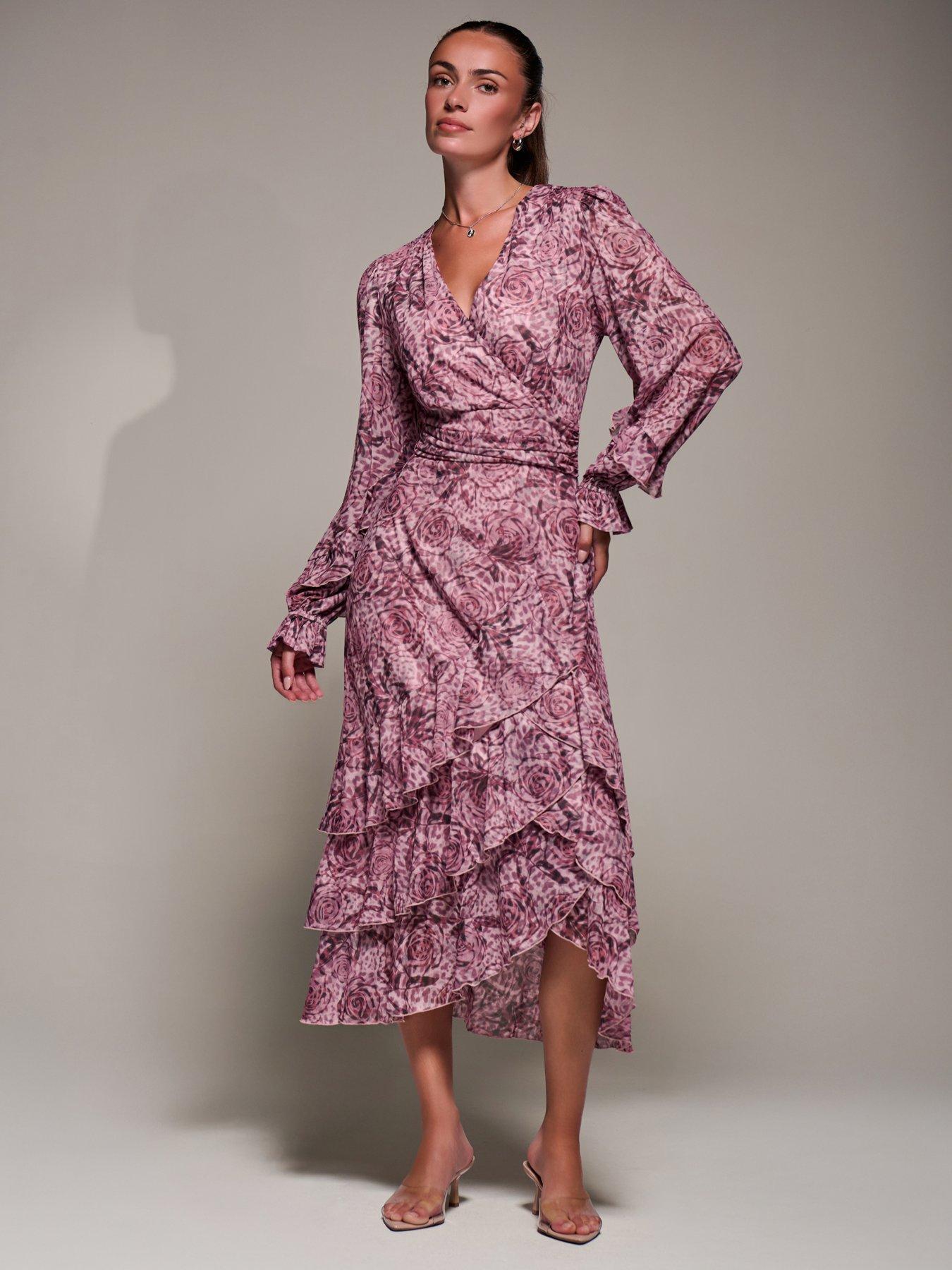 Jolie Moi Long Sleeve Frill Detail Mesh Maxi Dress - Pink