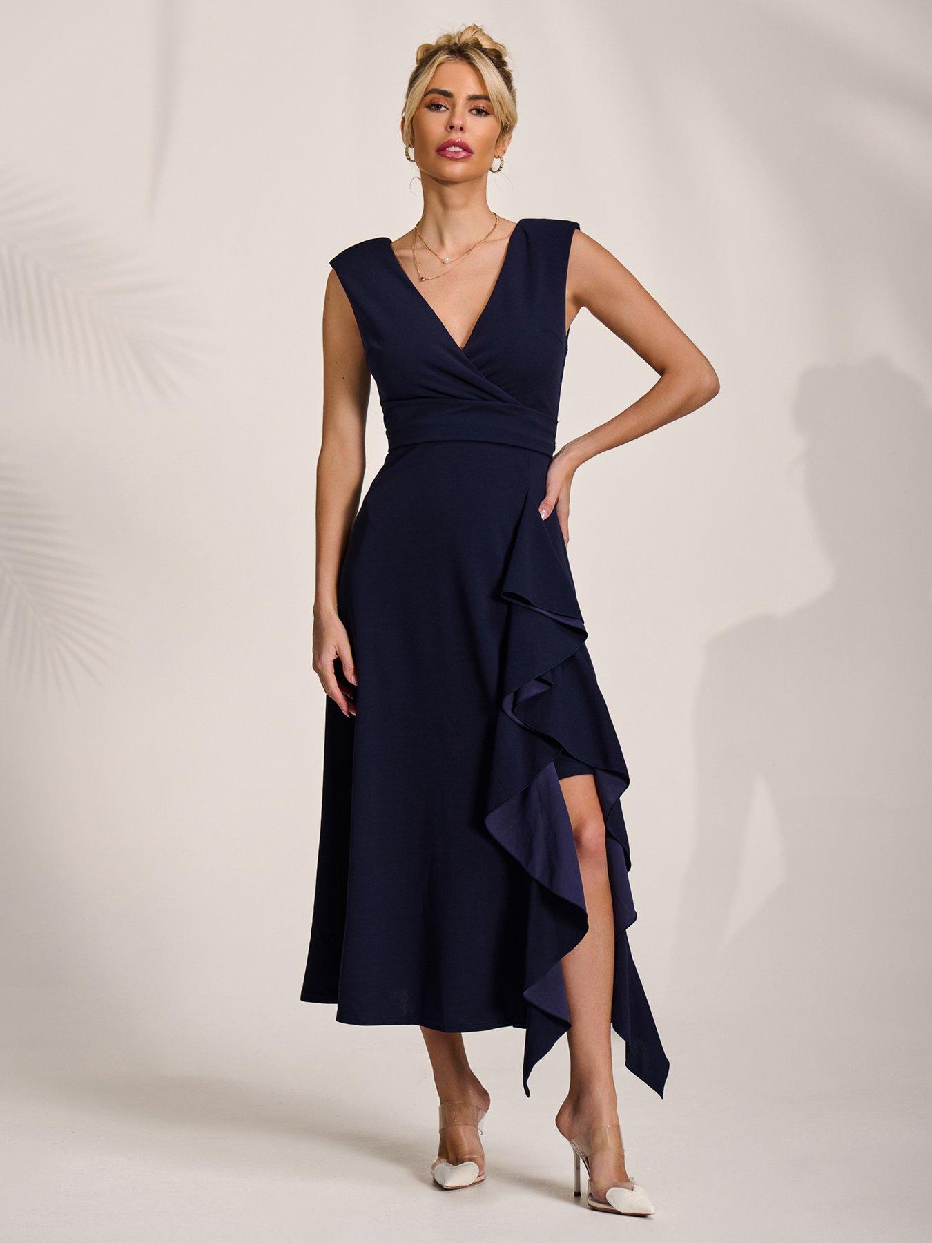 Jolie Moi Wrap Front Frill Detail Maxi Dress - Navy