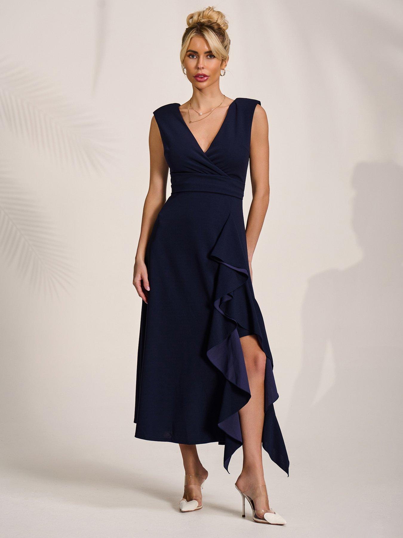 Jolie Moi Wrap Front Frill Detail Maxi Dress - Navy | Very