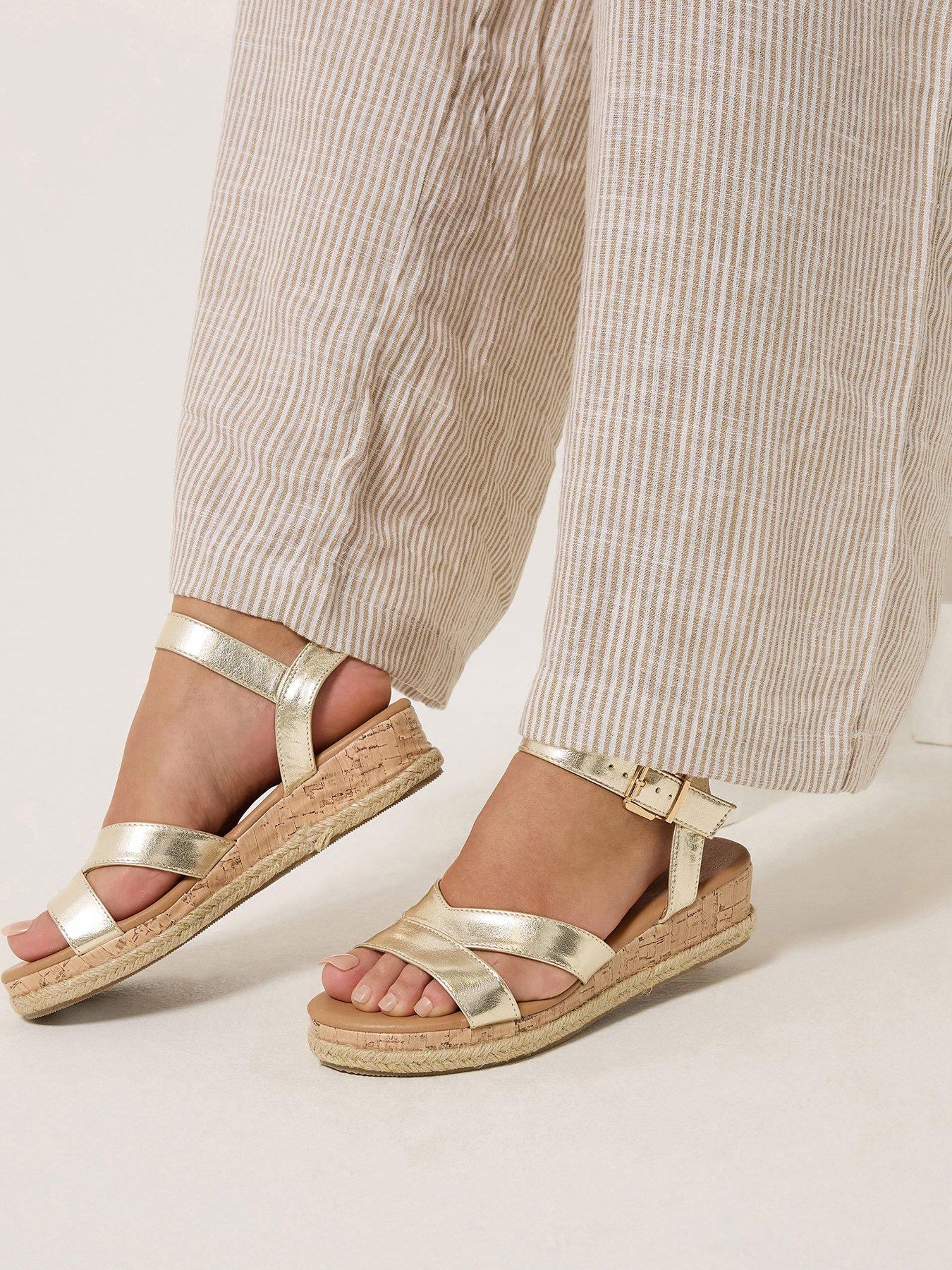 Yours Wide Fit V Cut Plaited Wedges - Gold