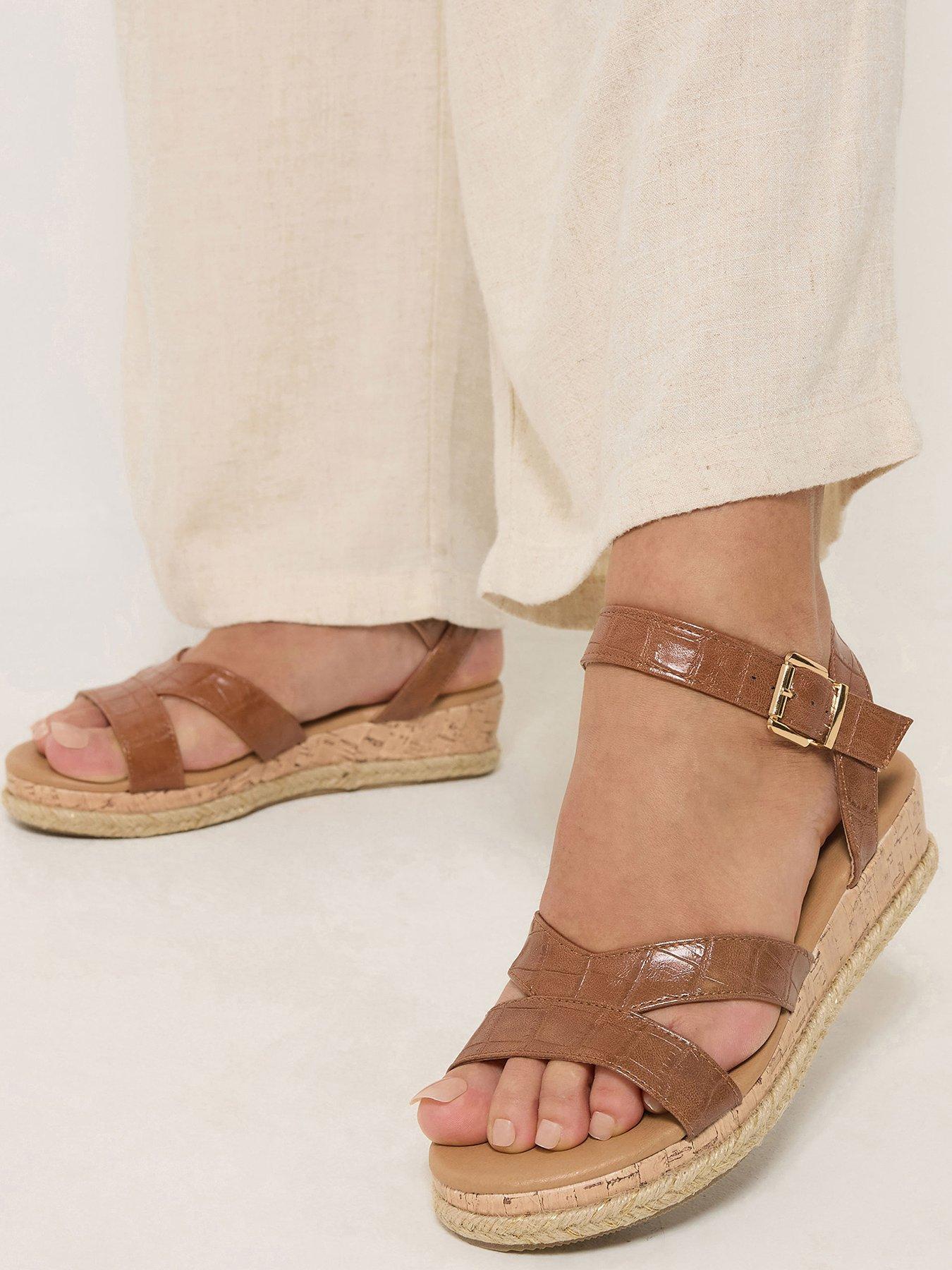 Yours Wide Fit V Cut Plaited Wedges - Brown