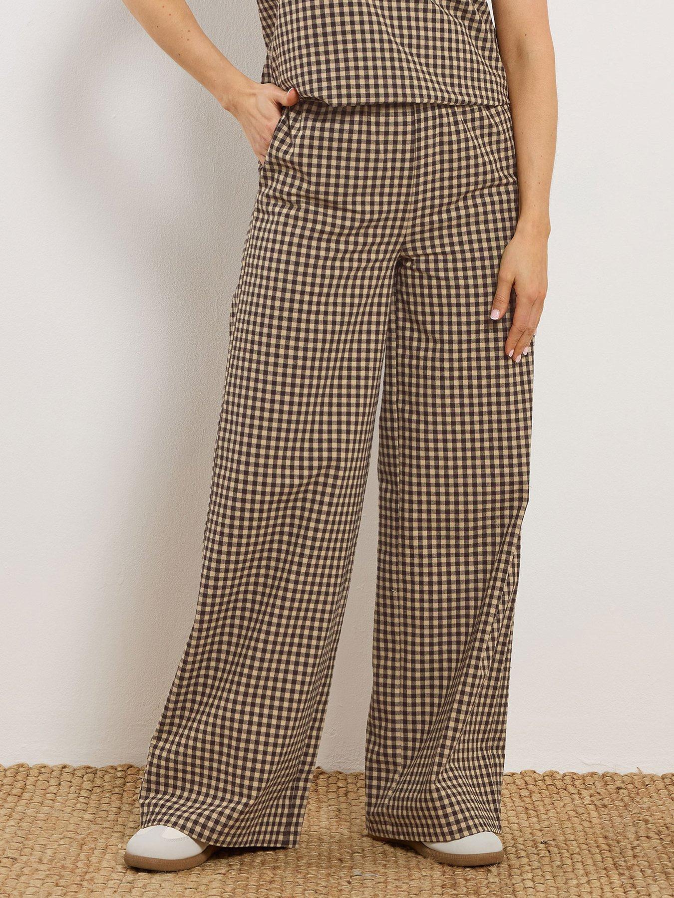 Long Tall Sally Gingham Wide Leg Trousers 34" - Cream
