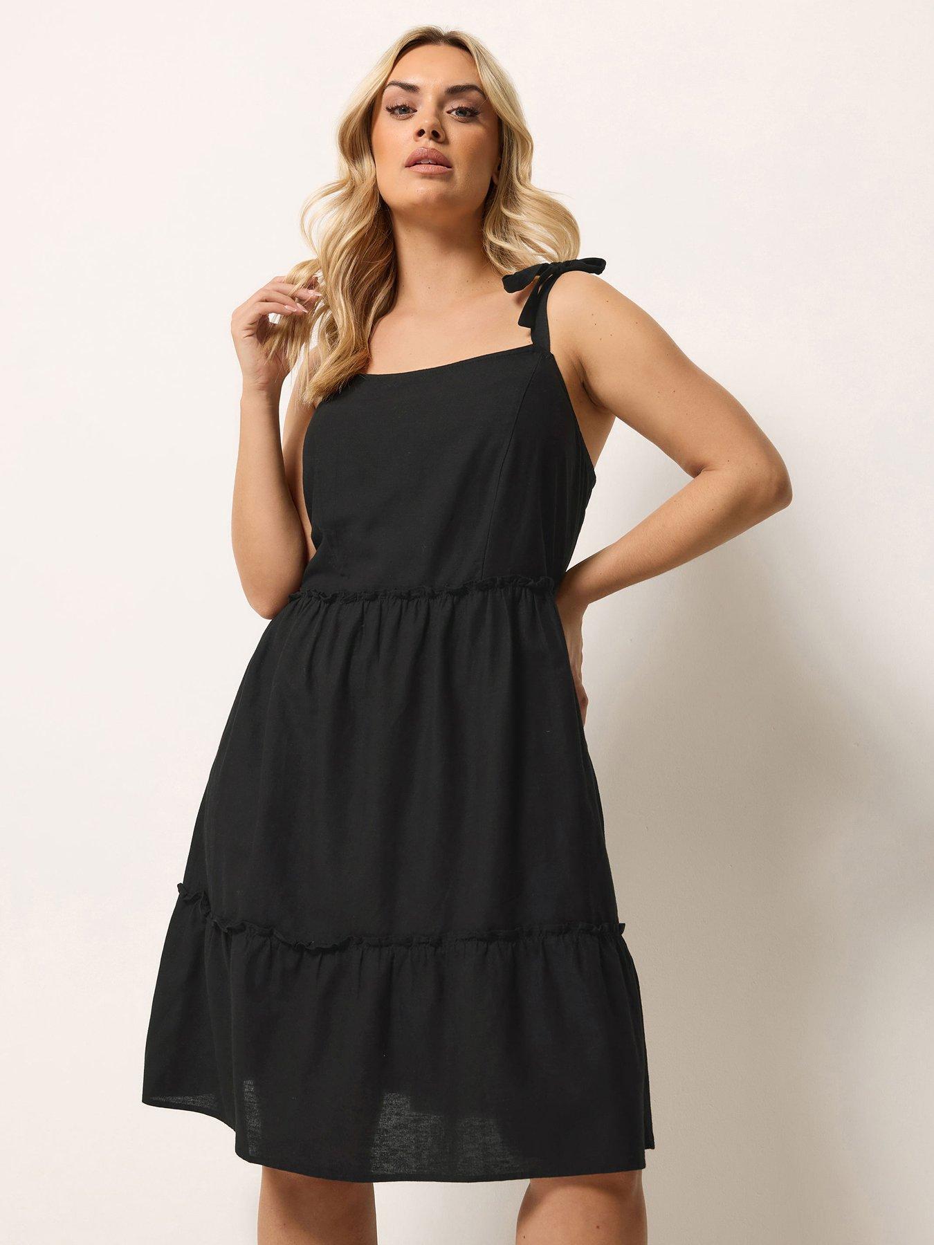 Yours Curve Linen Tiered Smock Dress - Black