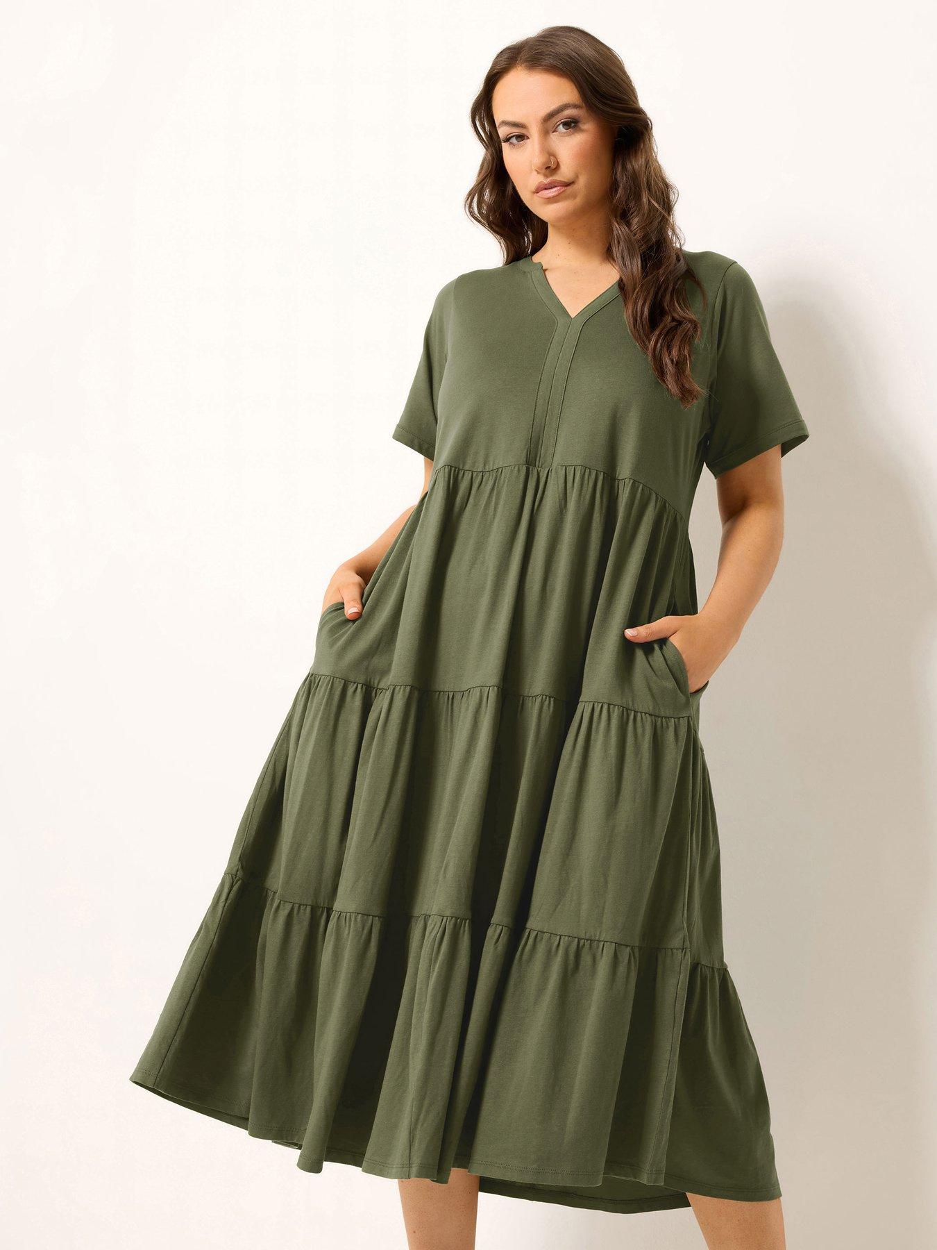Yours Curve Cotton Tiered Dress - Green