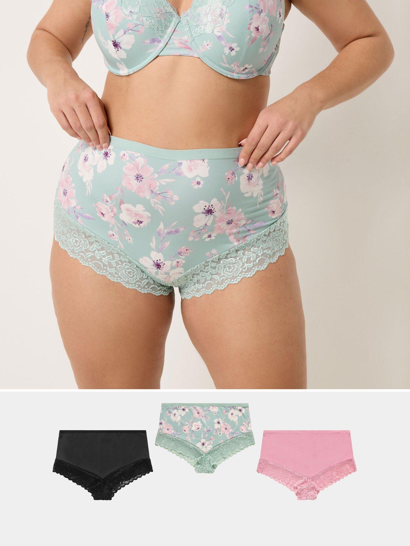 Yours Curve 3 Pack Lace Trim Printed Full Briefs - Pink