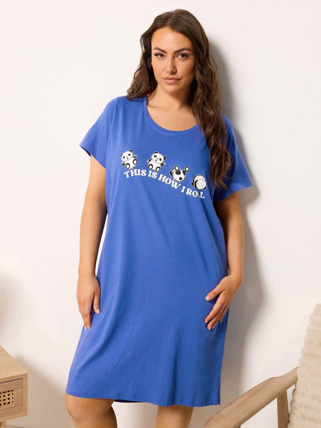 Image 1 of 4 of Yours Curve Rolling Panda Dipped Back Nightdress - Blue