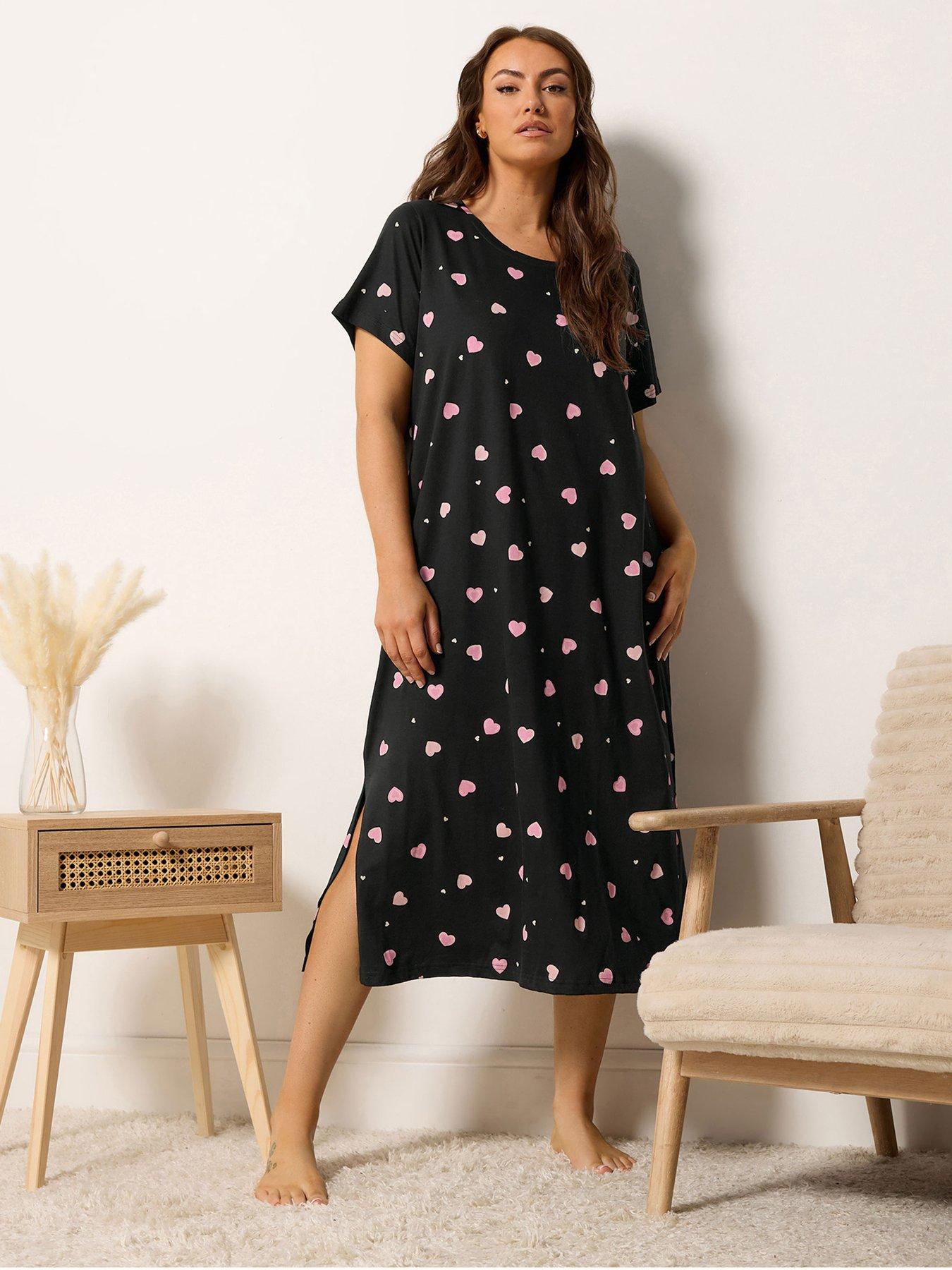 Image 1 of 5 of Yours Curve Heart Print Midaxi Nightdress - Black