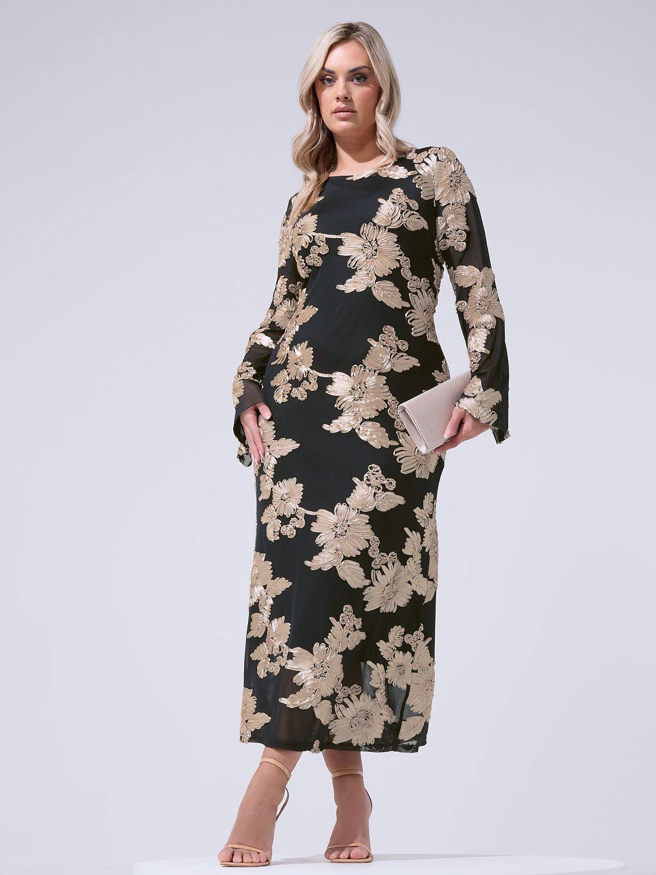 Image 1 of 5 of Yours Curve Mesh Applique Long Sleeve Maxi Dress