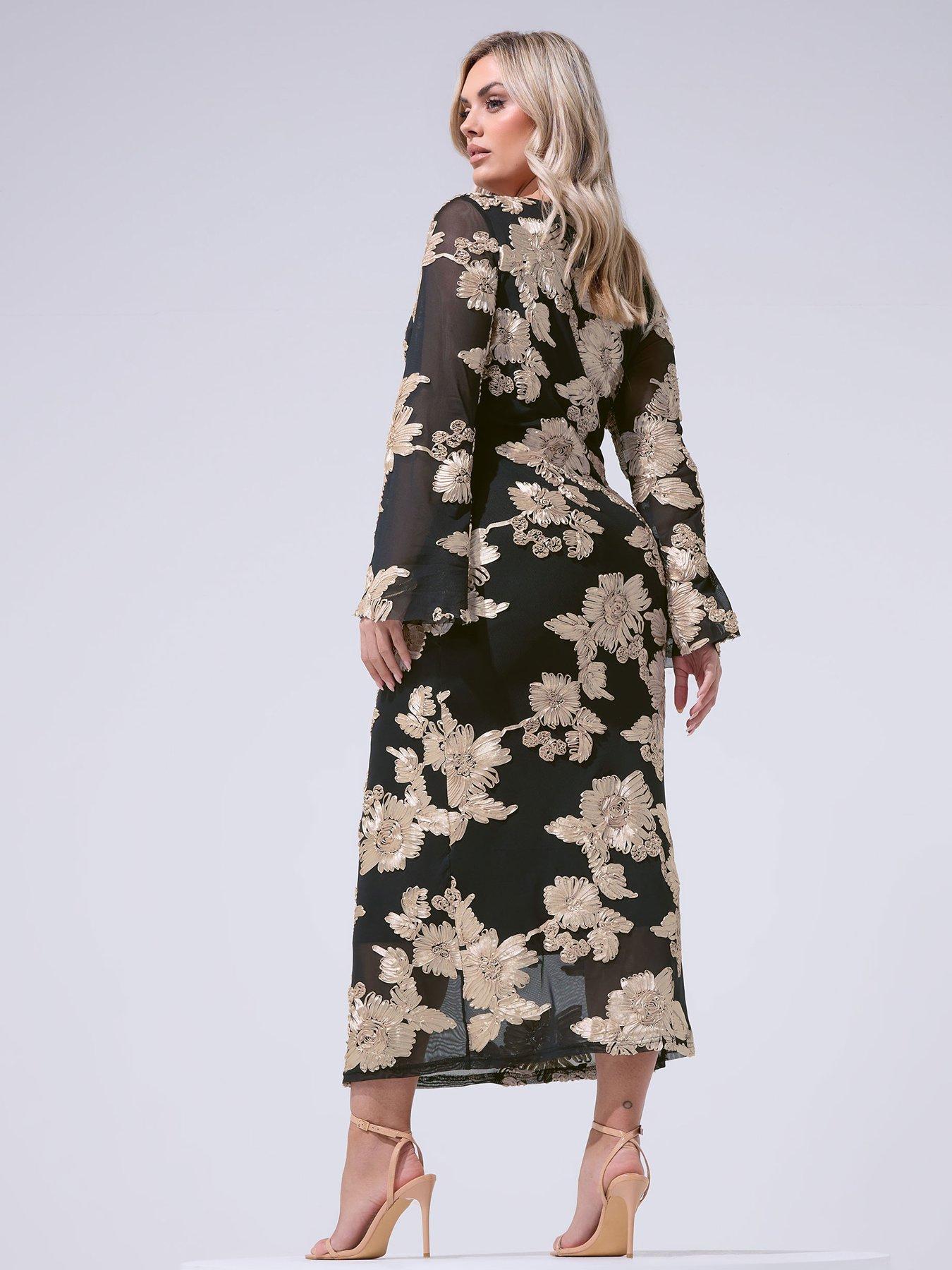 Image 2 of 5 of Yours Curve Mesh Applique Long Sleeve Maxi Dress