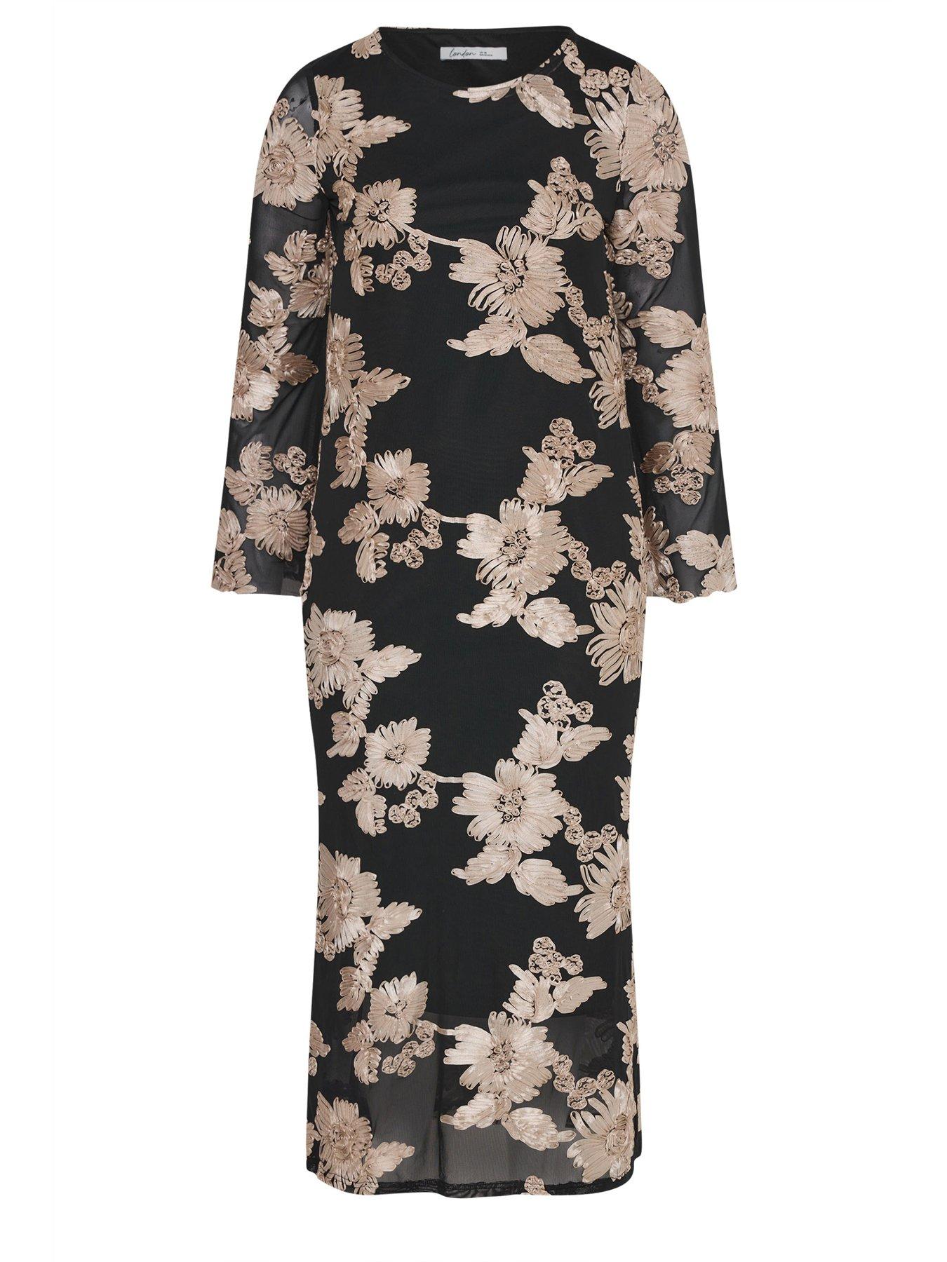 Image 5 of 5 of Yours Curve Mesh Applique Long Sleeve Maxi Dress