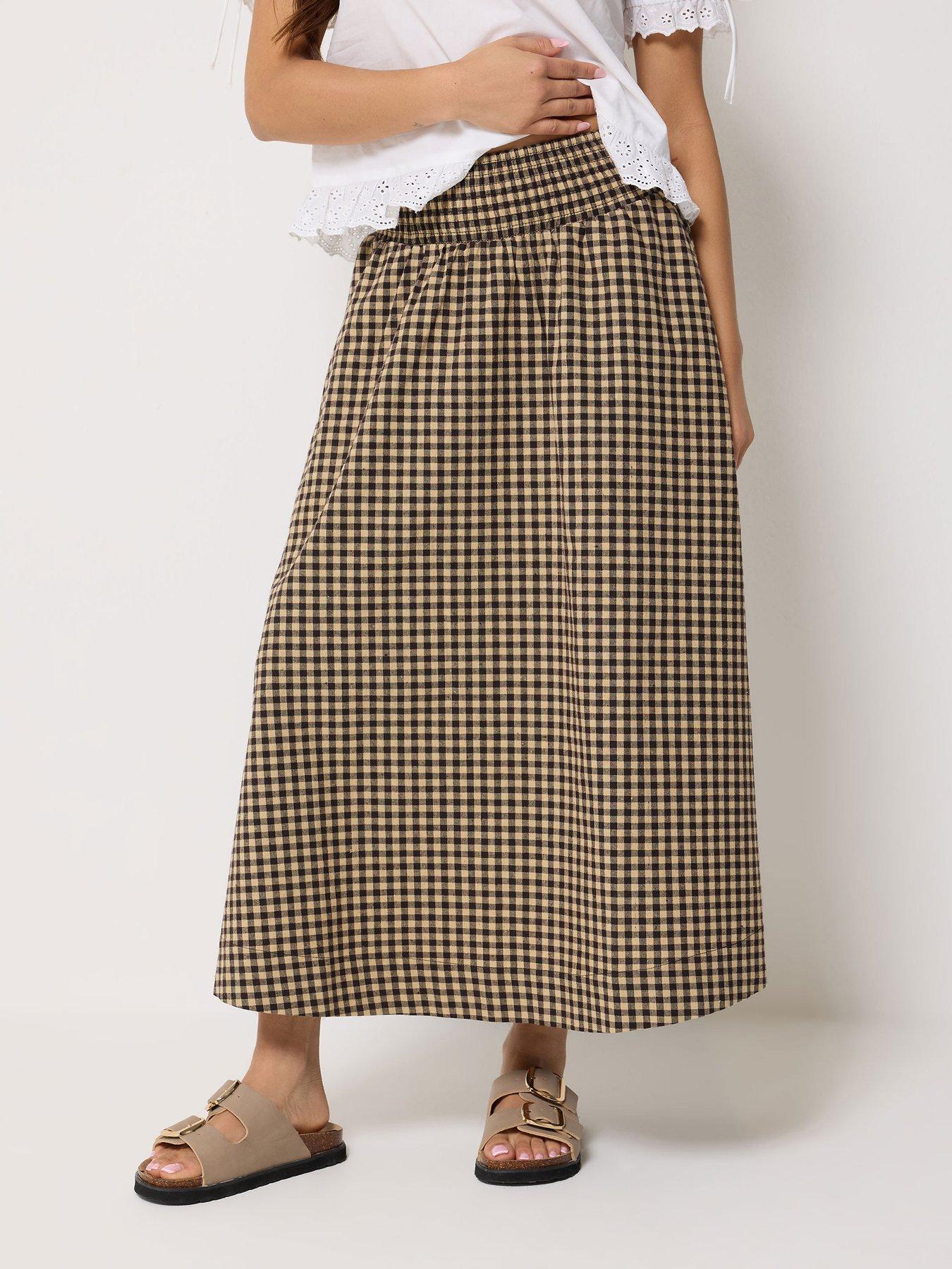 PixieGirl Petite Gingham Shirred Skirt - Brown
