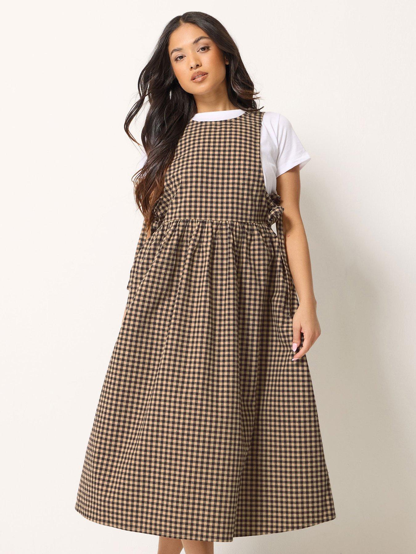 PixieGirl Petite Gingham Tie Pinafore Dress - Brown