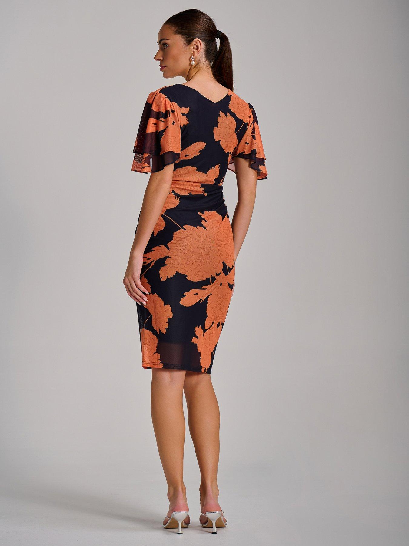 Jolie Moi Angel Sleeve Ruched Mesh Bodycon Dress - Orange | Very