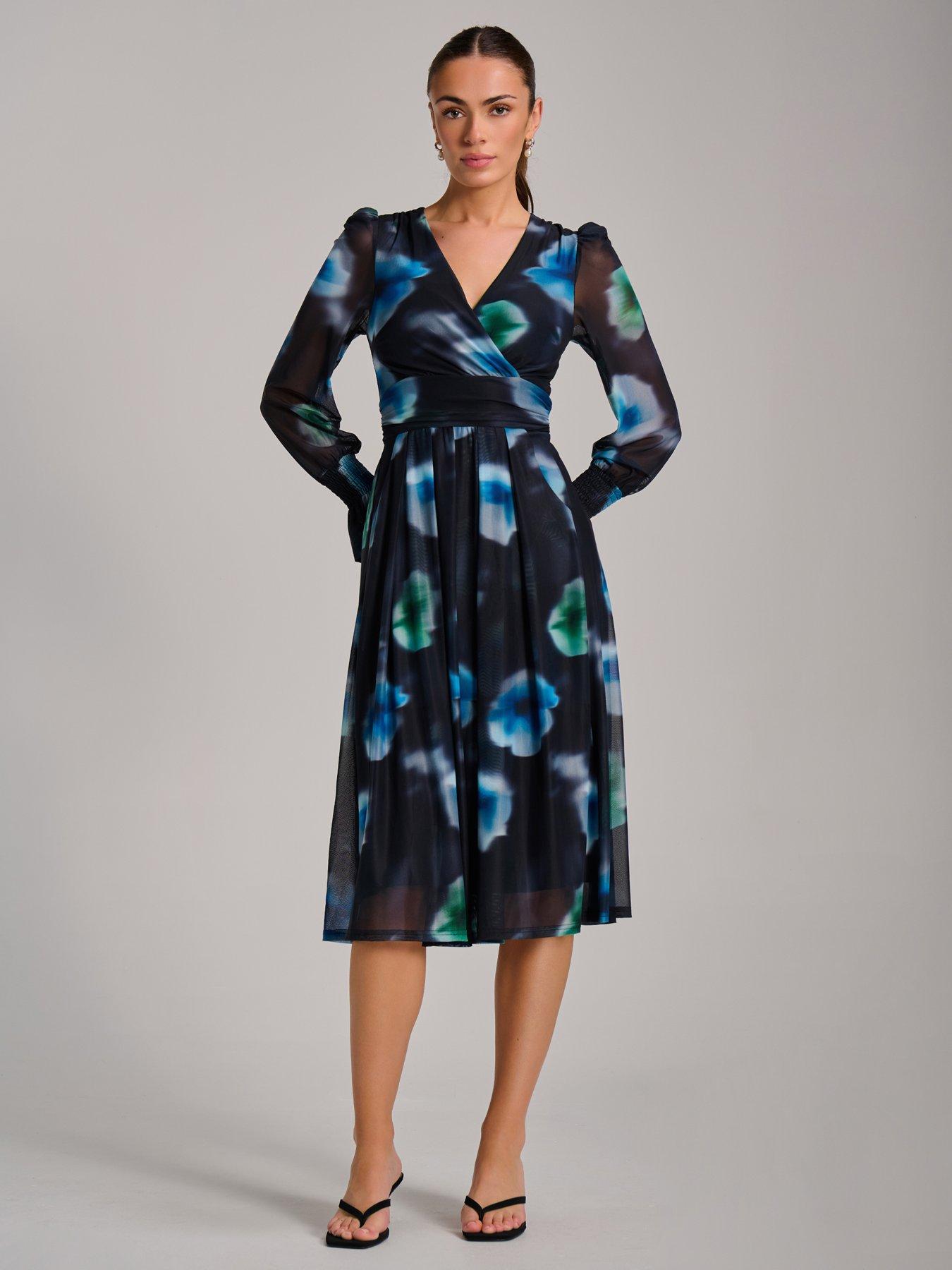 Jolie Moi Long Sleeve Printed Mesh Midi Dress - Multi