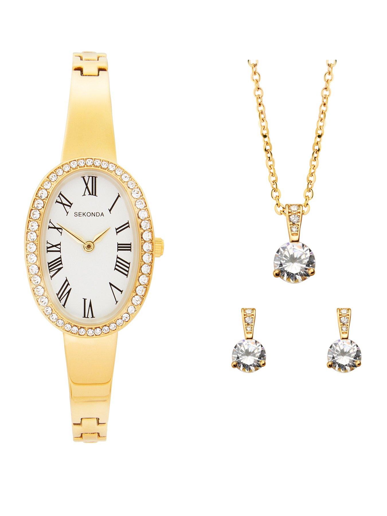 Sekonda Sekonda Womens Bellamy Gold Alloy Semi-Bangle with Stone Set White Dial, matching Pendant and Stud Earrings Analogue Gift Set