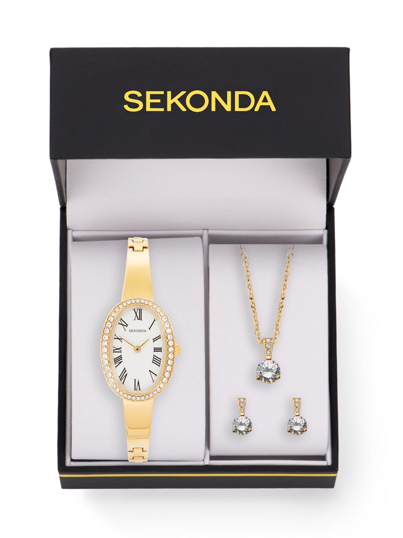 Image 4 of 7 of Sekonda Womens Bellamy Gold Alloy Semi-Bangle with Stone Set White Dial, matching Pendant and Stud Earrings Analogue Gift Set