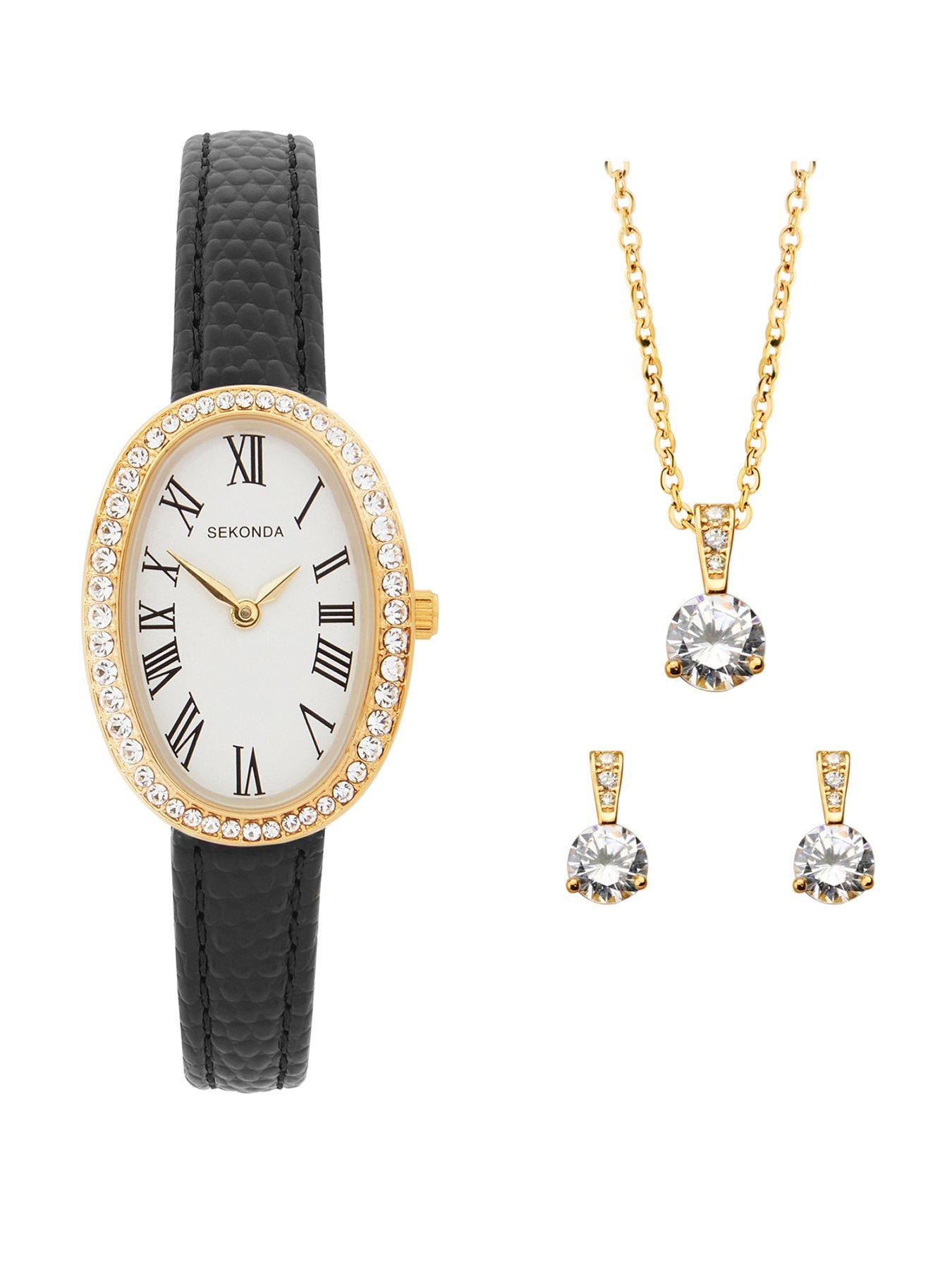 Sekonda Sekonda Womens Bellamy Black Leather Strap with Stone Set White Dial, matching Pendant and Stud Earrings Analogue Gift Set