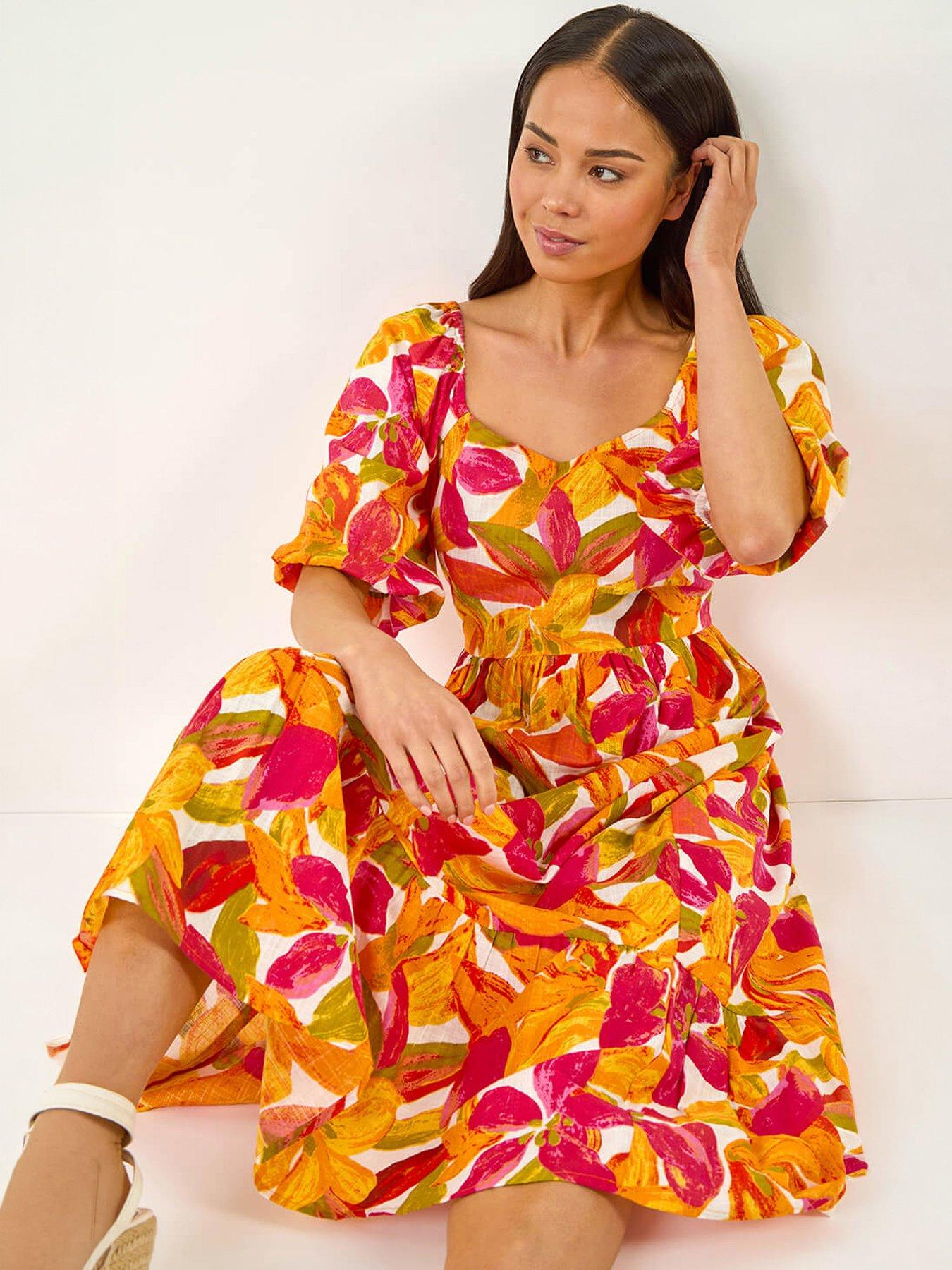 Roman Petite Floral Puff Sleeve Tiered Dress