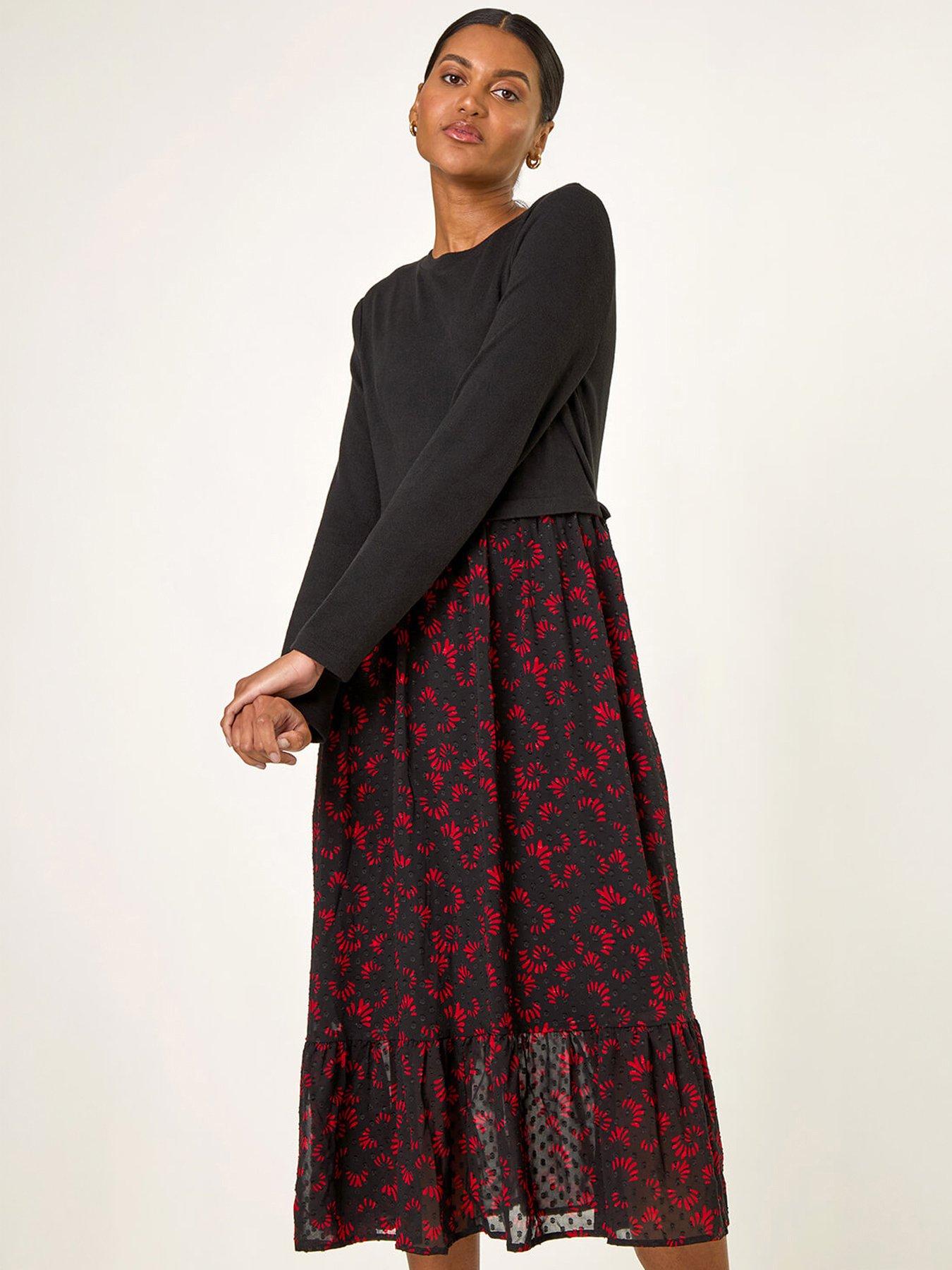 Roman Contrast Print Mesh Skirt Midi Dress, Black, Size 10, Women