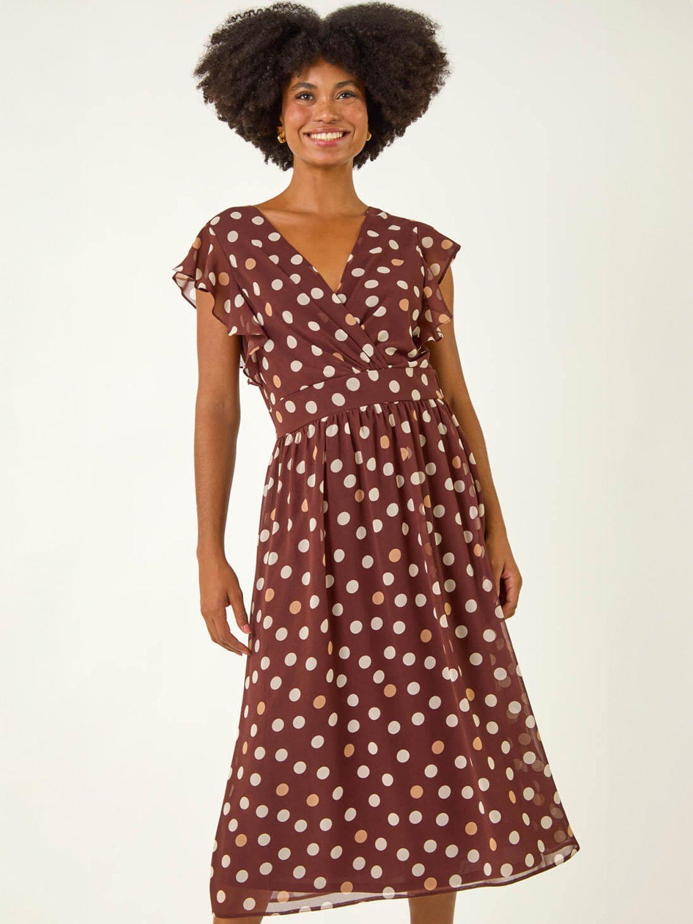 Roman Spot Print V-Neck Frill Midi Dress