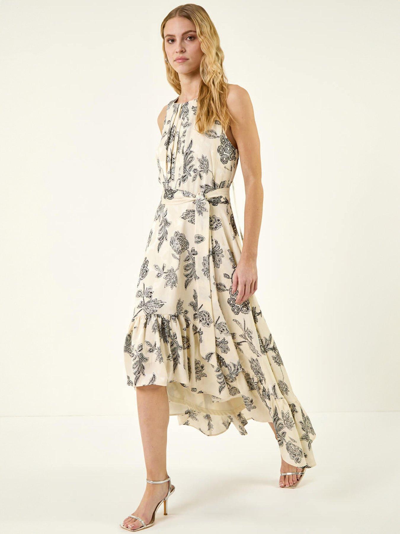 Roman Floral Jacquard Halter Dress, White, Size 14, Women
