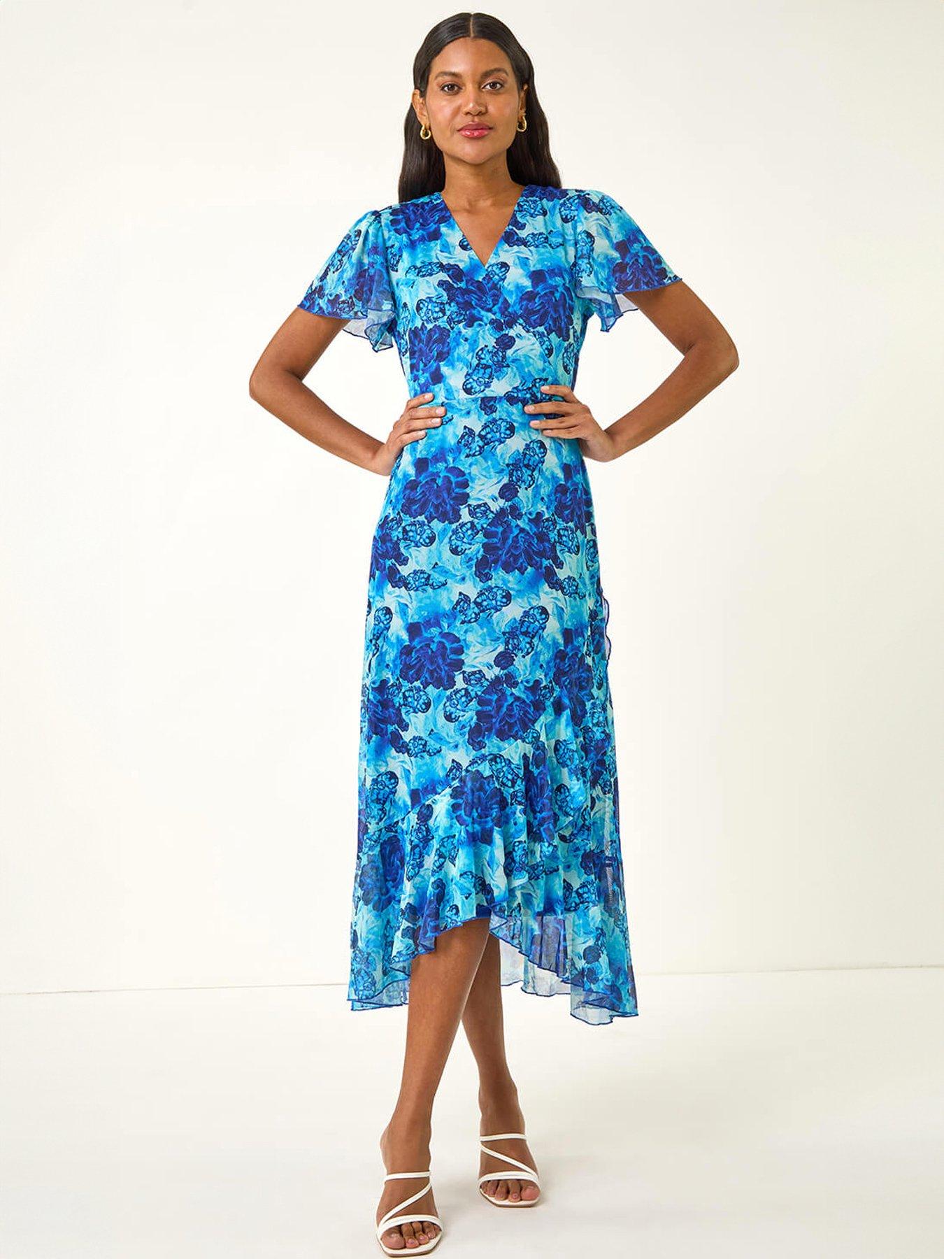 Roman Floral Frill Mesh Stretch Dress, Blue, Size 20, Women