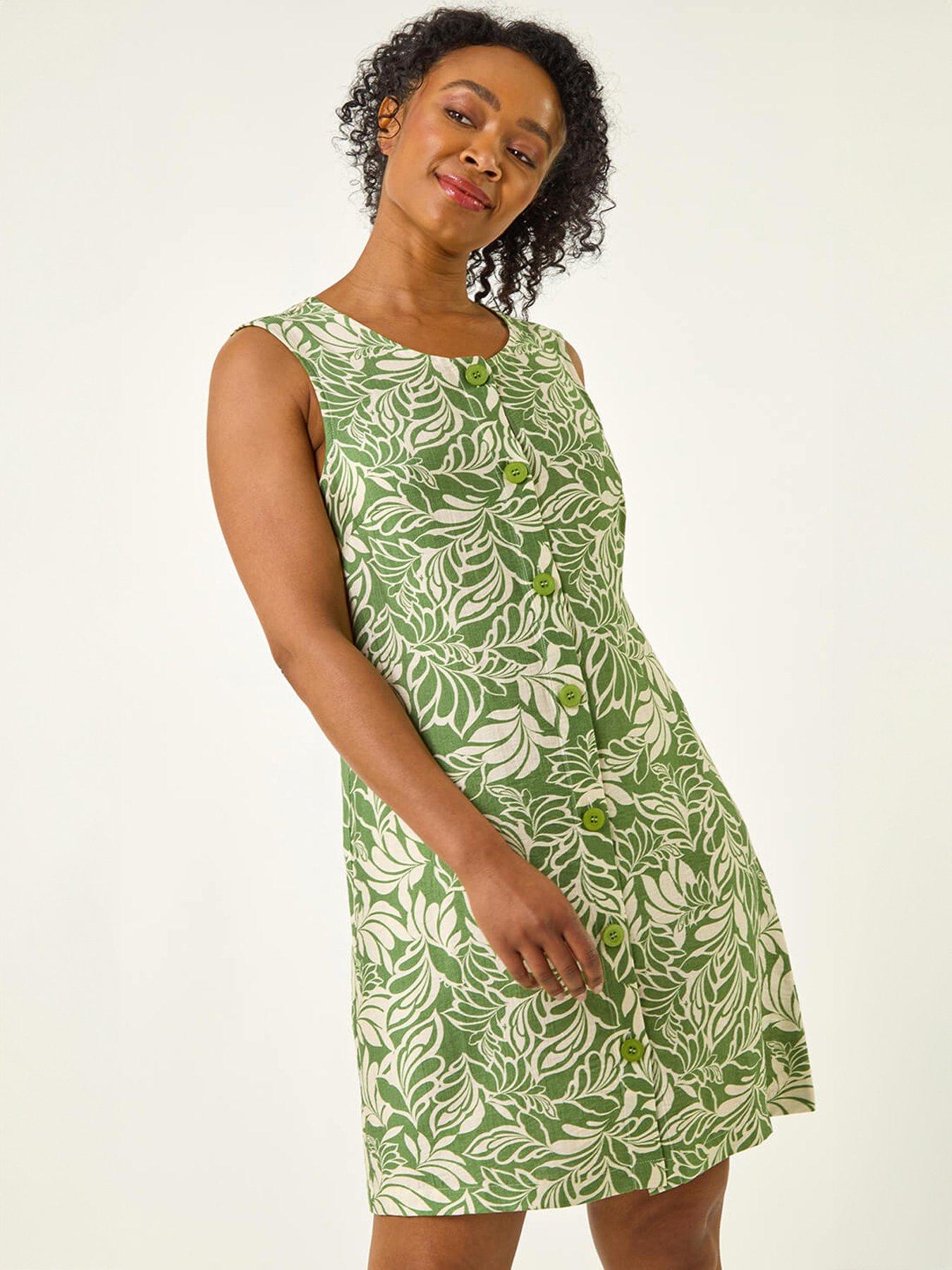 Roman Petite Leaf Print Buttoned A-Line Dress