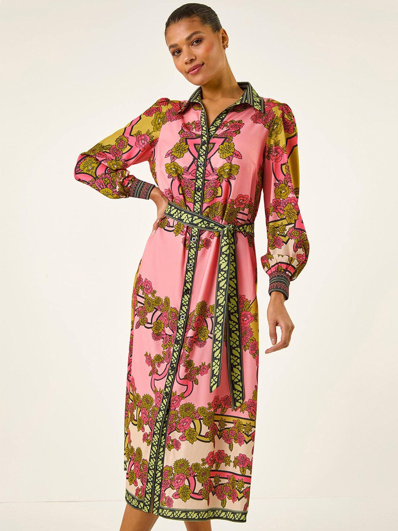 Roman Floral Print Border Shirt Midi Dress