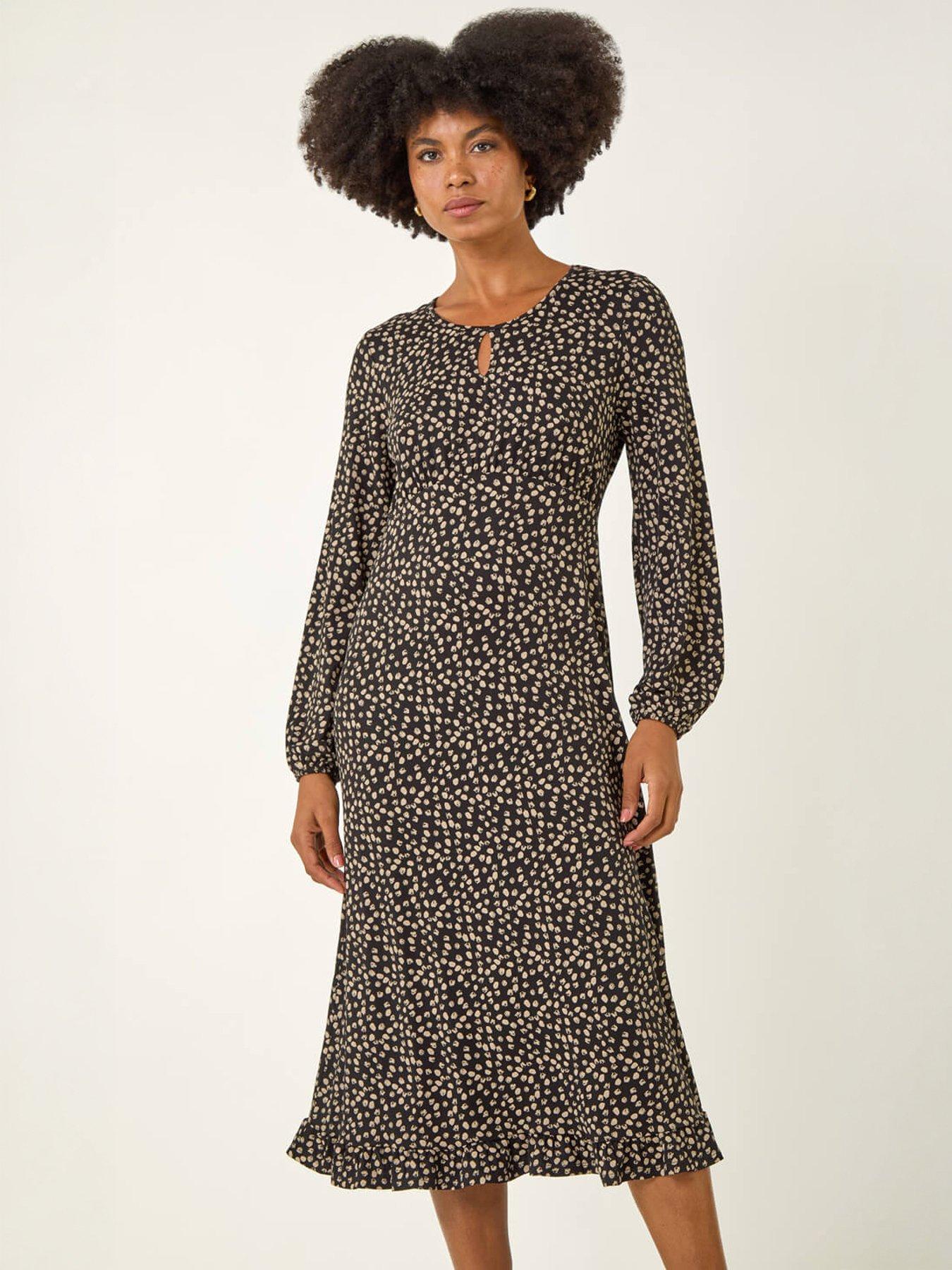 Roman Spot Print Keyhole Midi Dress, Grey, Size 14, Women