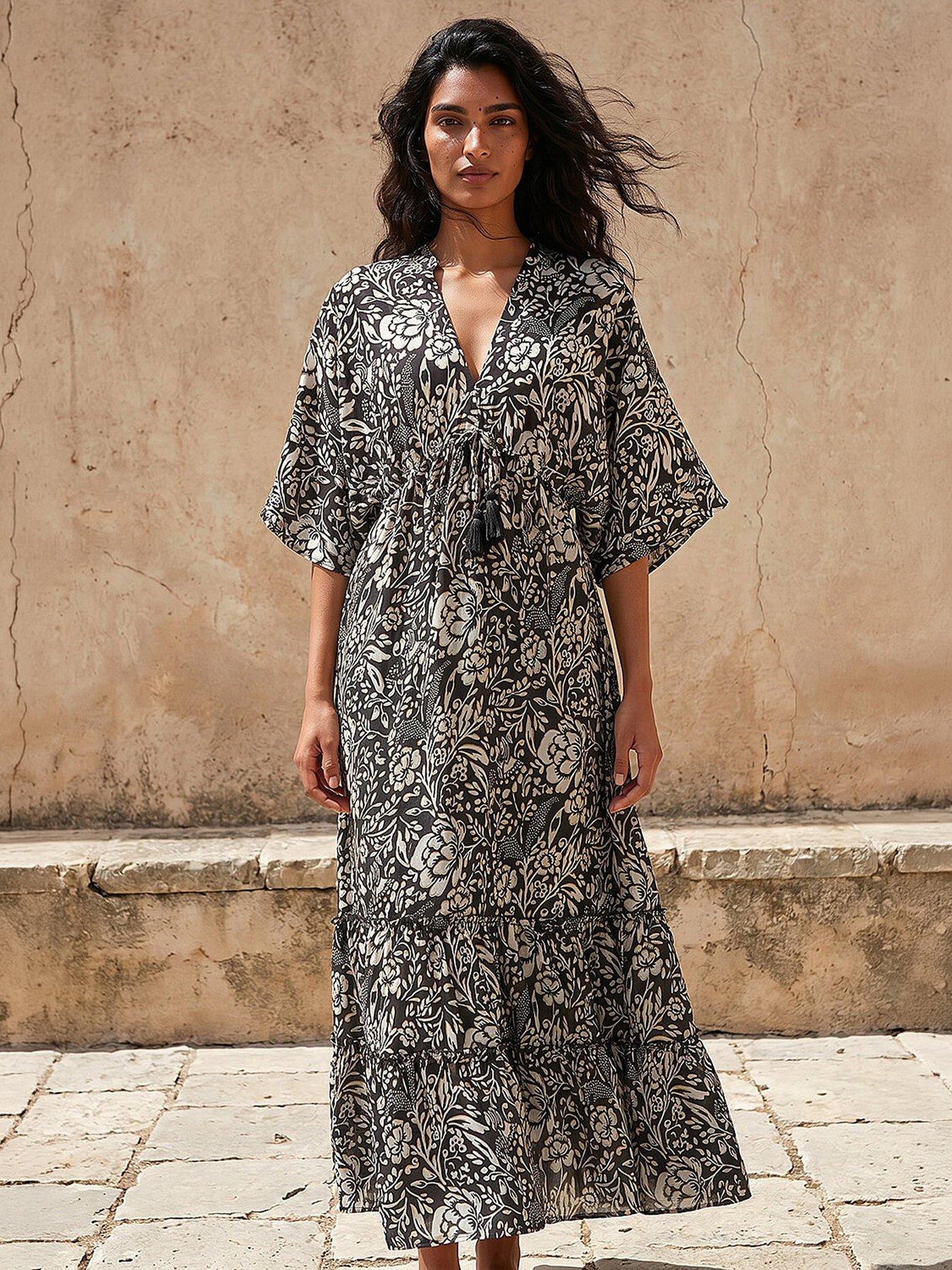 Roman Women's Black Boho Floral Print V-Neck Maxi Dress In | Size: 10 - Image 3