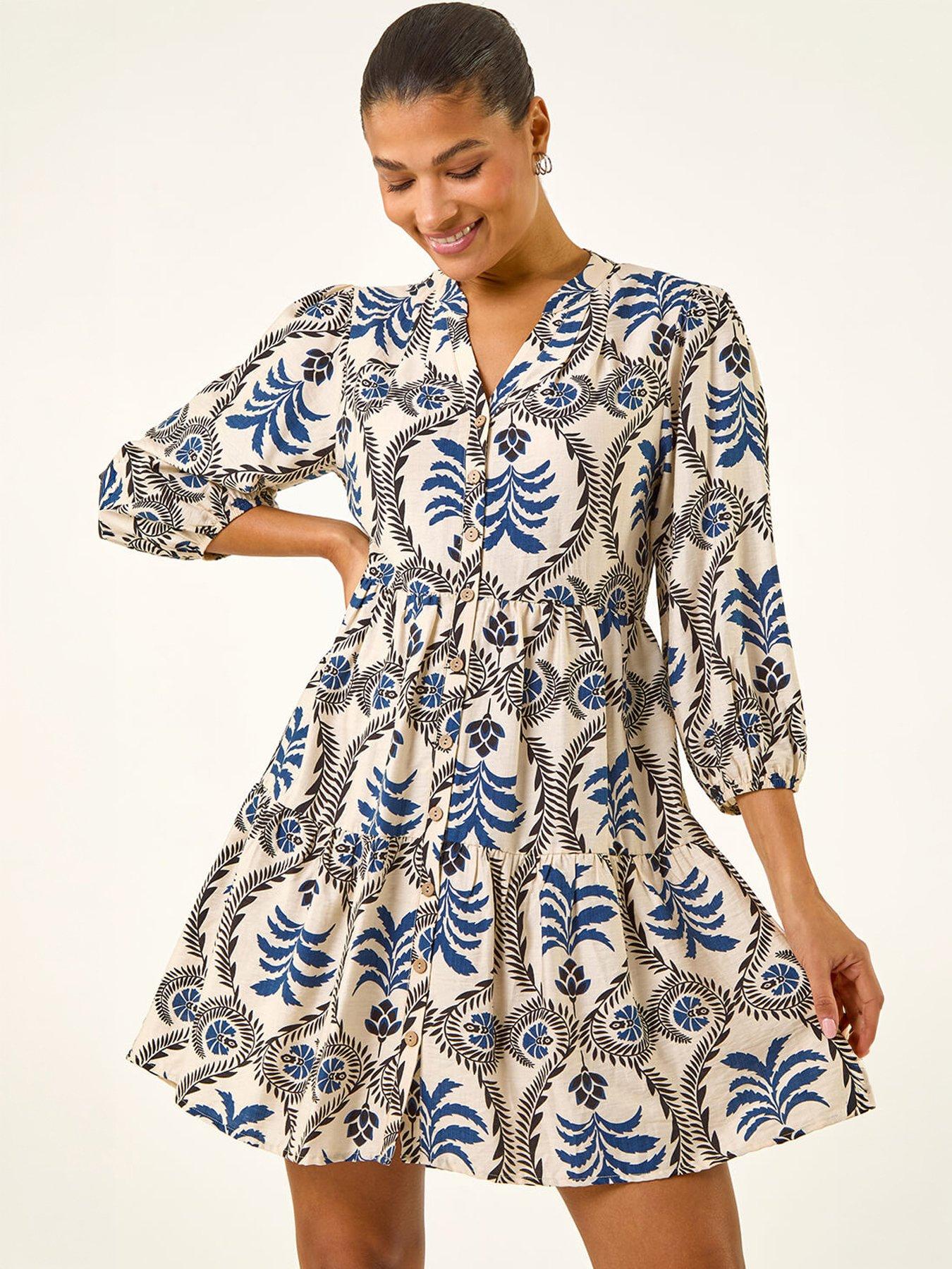 Roman Leaf Border Print Smock Dress