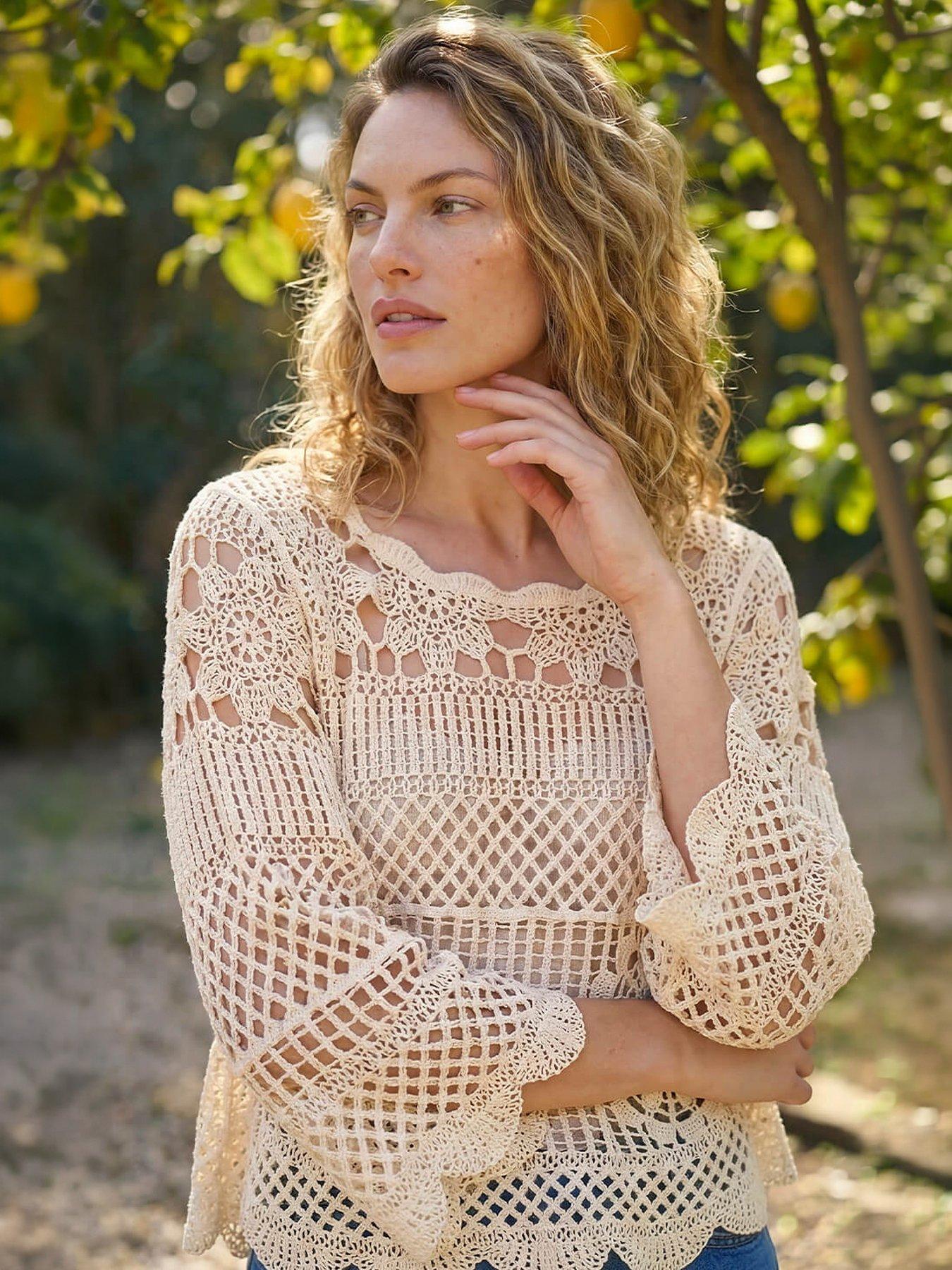 Roman Crochet Knit Flared Sleeve Top, Cream, Size 16, Women