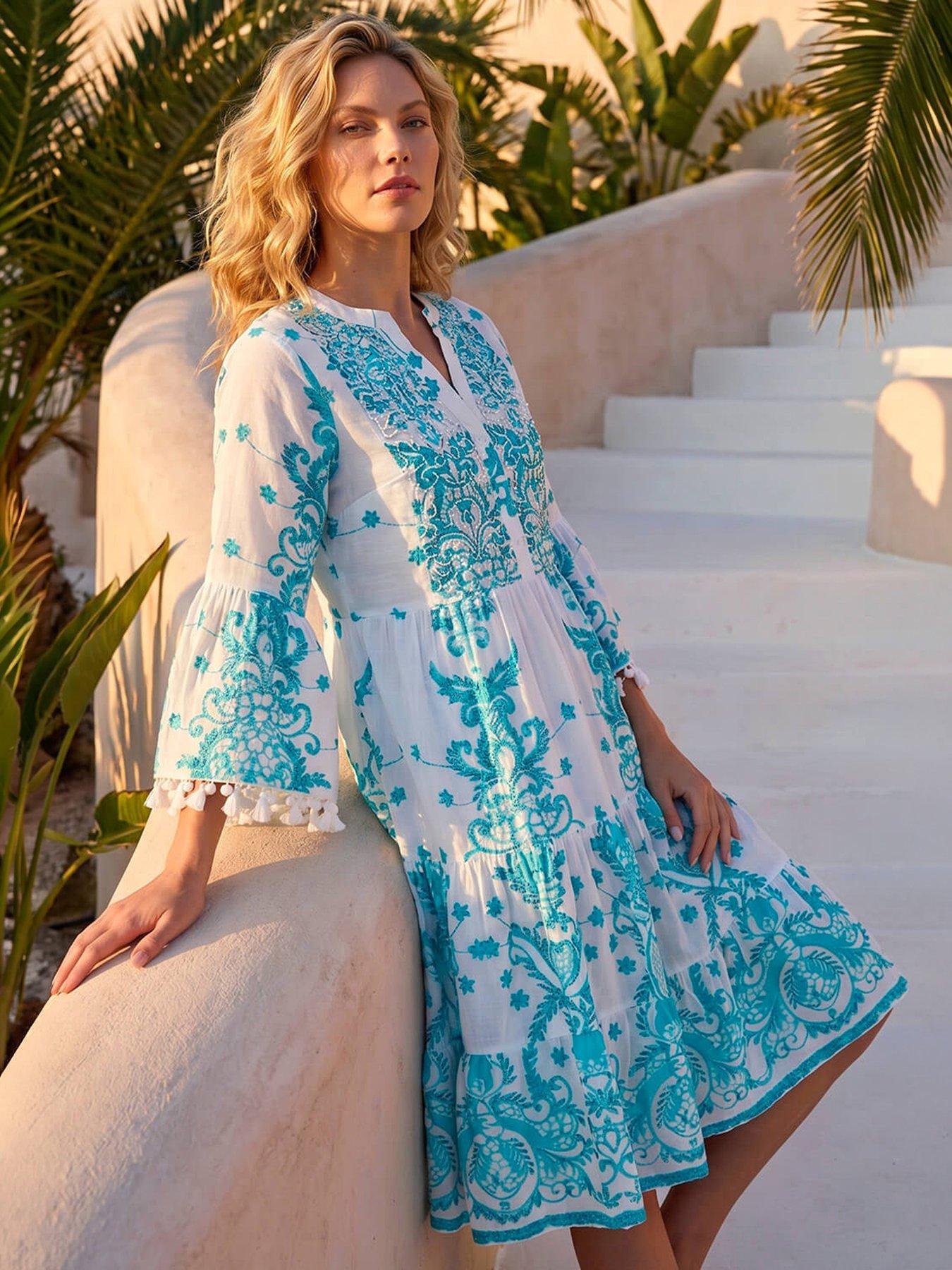Roman Beaded Tassel Trim Smock Dress, Blue, Size 18, Women