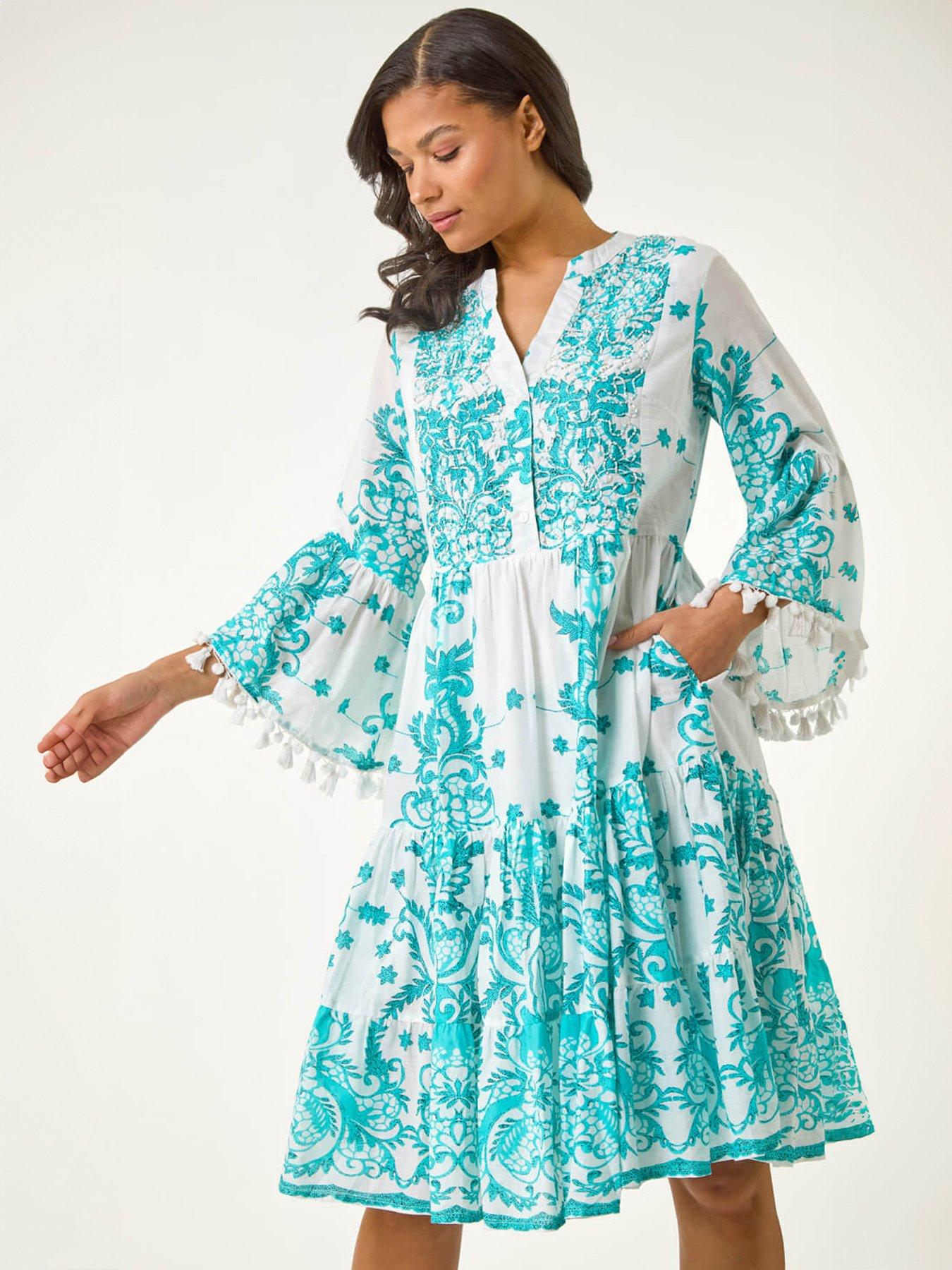 Roman Beaded Tassel Trim Smock Dress