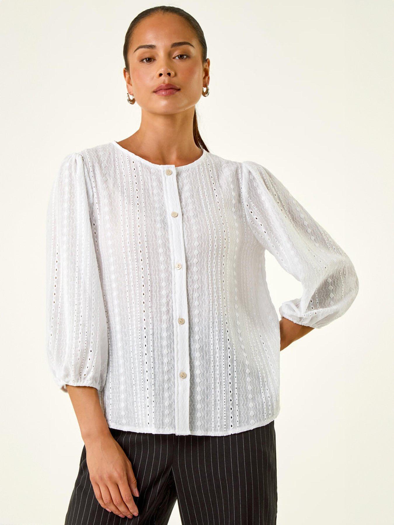 Roman Petite Textured Buttoned Blouse, White, Size 8, Women