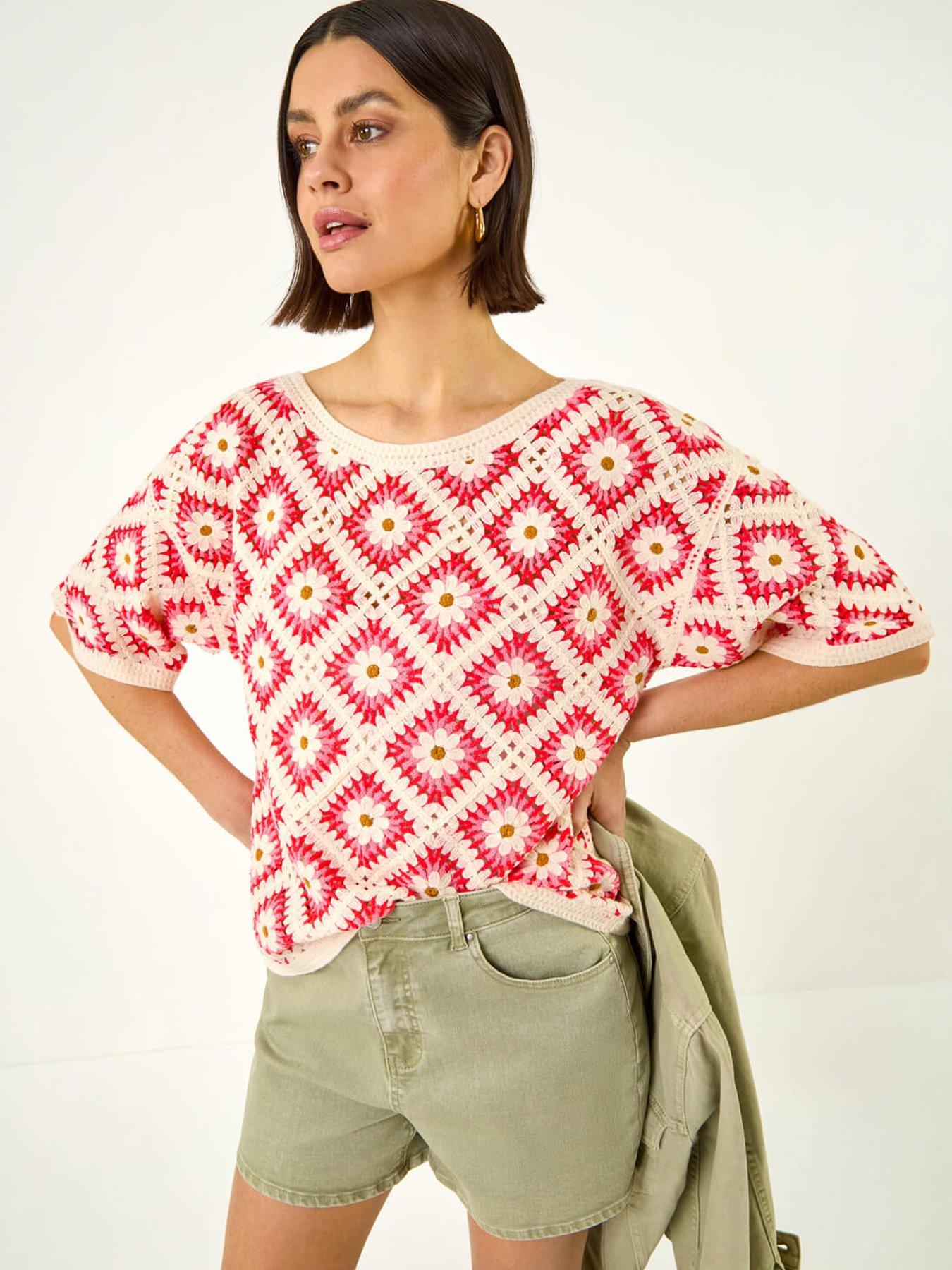 Roman Floral Crochet Knit Top