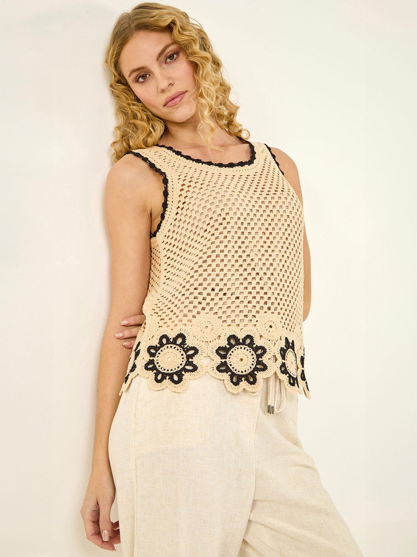 Roman Crochet Floral Knit Vest, Cream, Size 14, Women