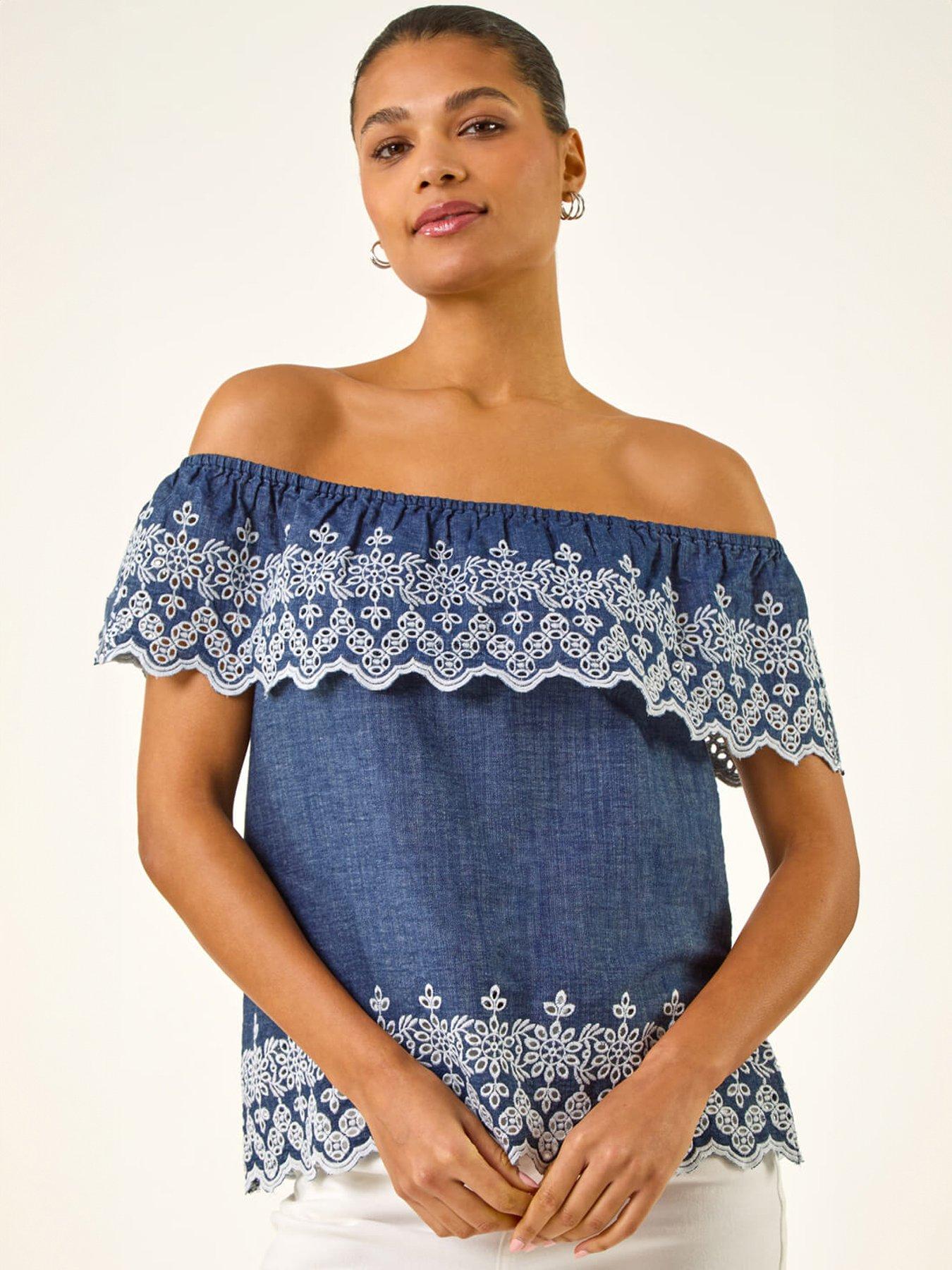 Roman Embroidery Detail Bardot Top