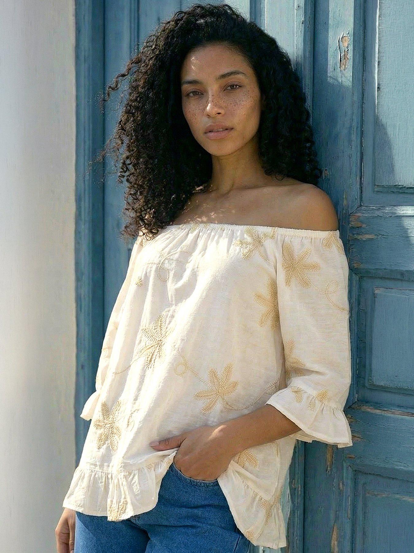 Image 1 of 5 of Roman Floral Embellished Bardot Top