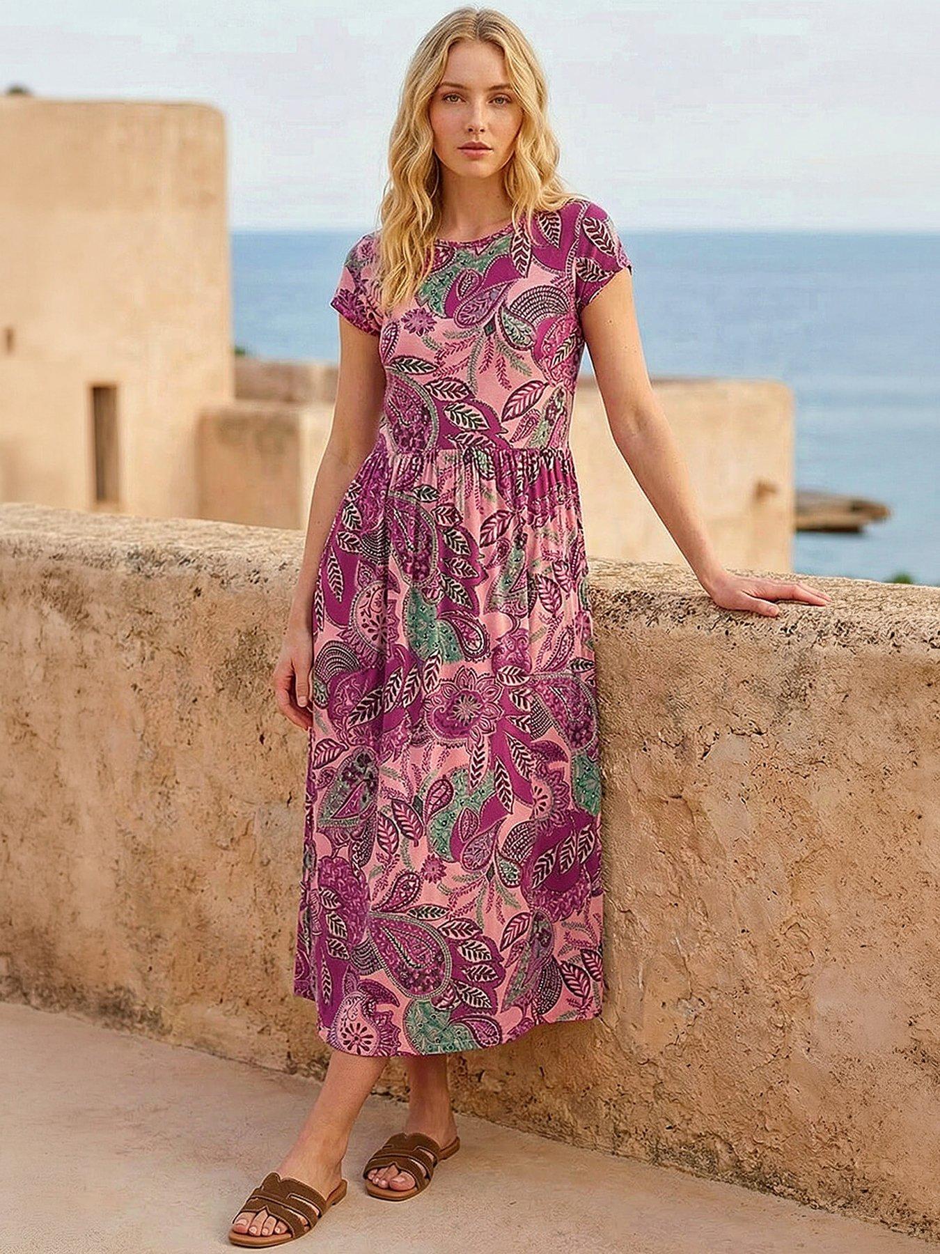 Roman Paisley Print Short Sleeve Midi Dress, Pink, Size 14, Women